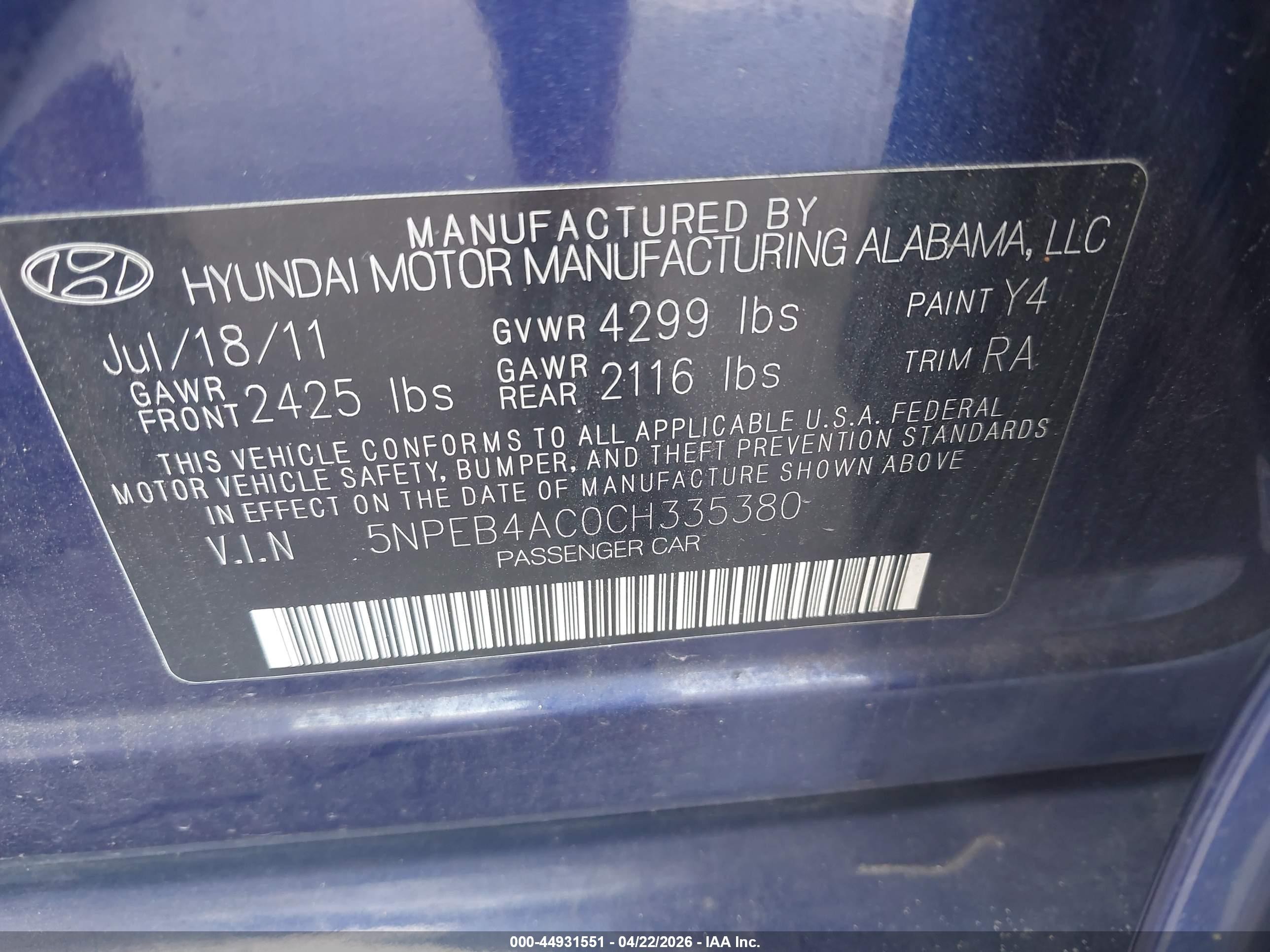 2012 Hyundai Sonata Gls Blue vin: 5NPEB4AC0CH335380