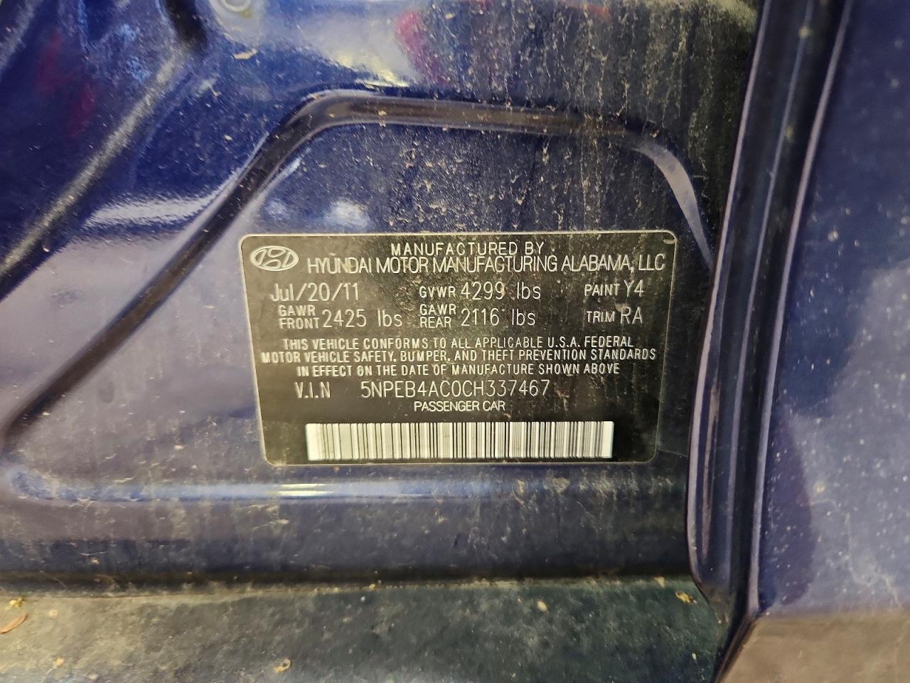 2012 Hyundai Sonata Gls Blue vin: 5NPEB4AC0CH337467
