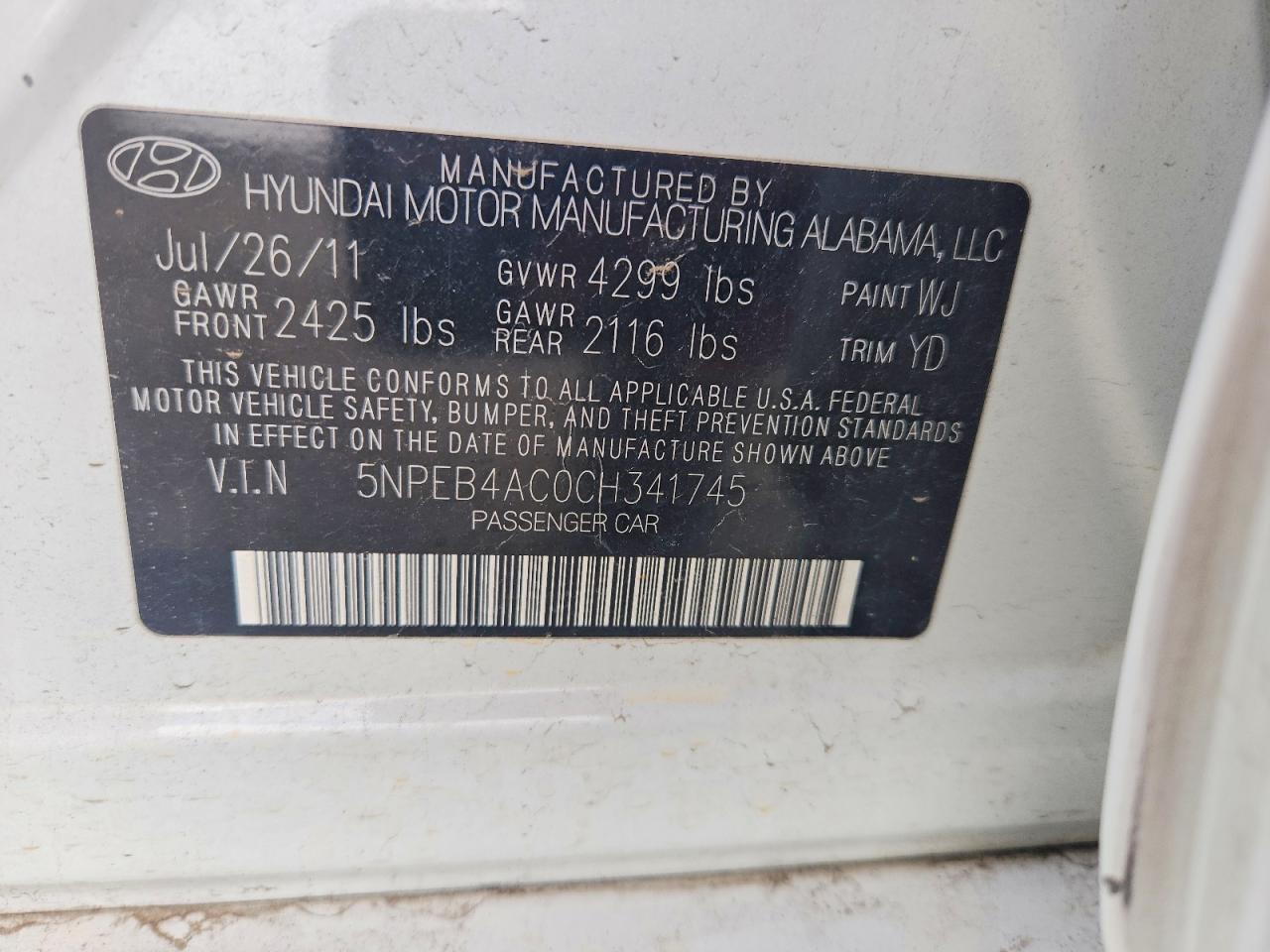 2012 Hyundai Sonata Gls White vin: 5NPEB4AC0CH341745