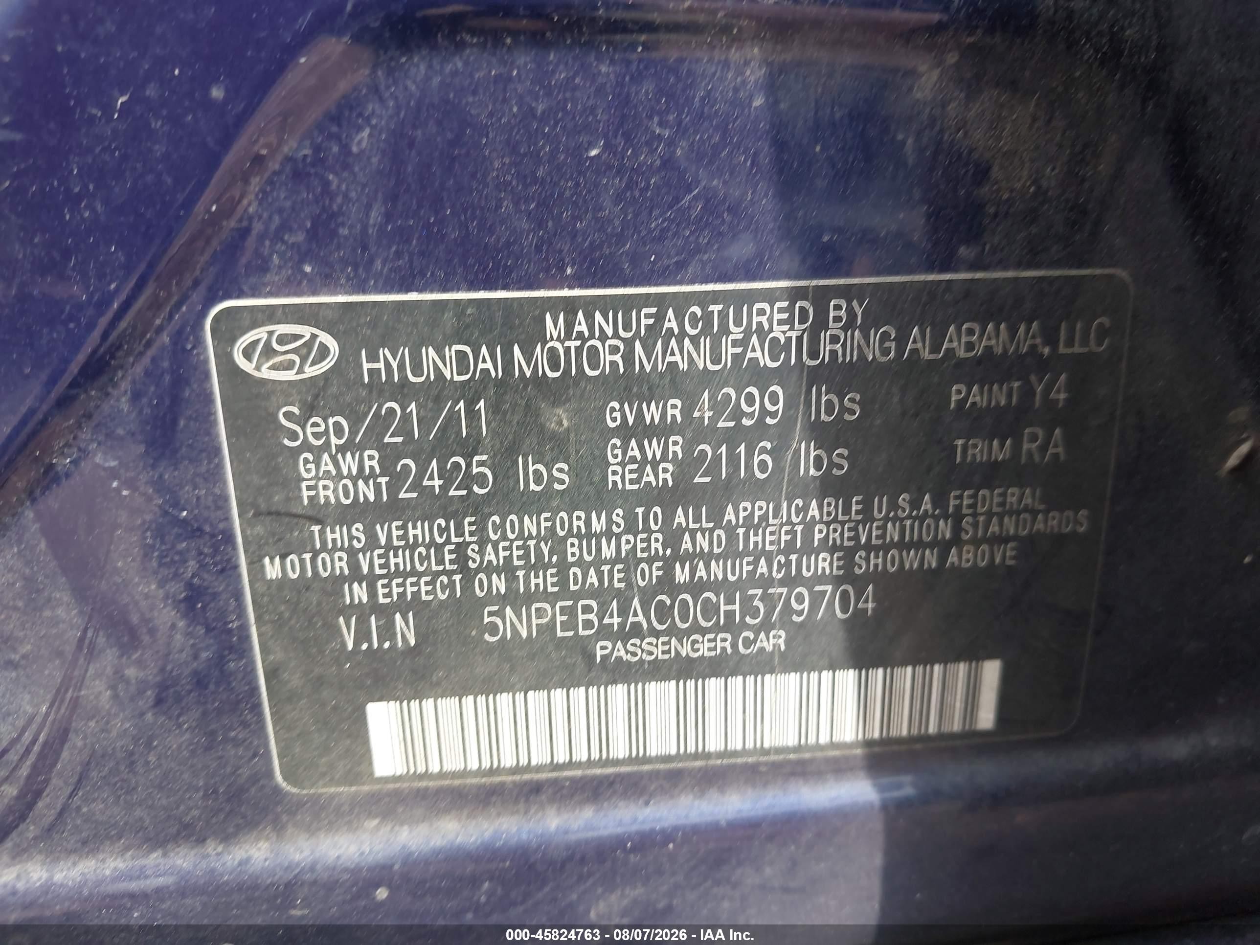 2012 Hyundai Sonata Gls Blue vin: 5NPEB4AC0CH379704