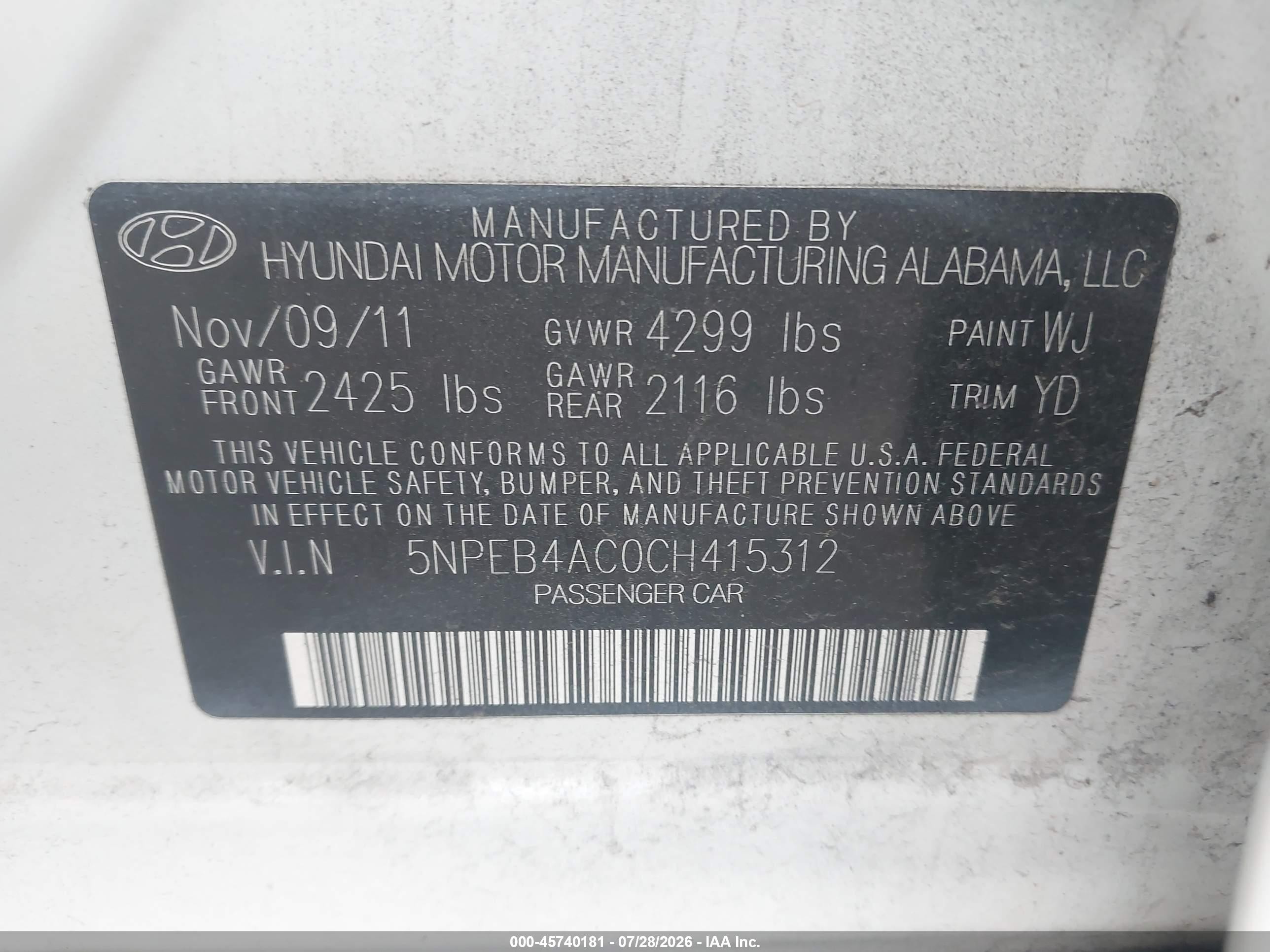 2012 Hyundai Sonata Gls White vin: 5NPEB4AC0CH415312