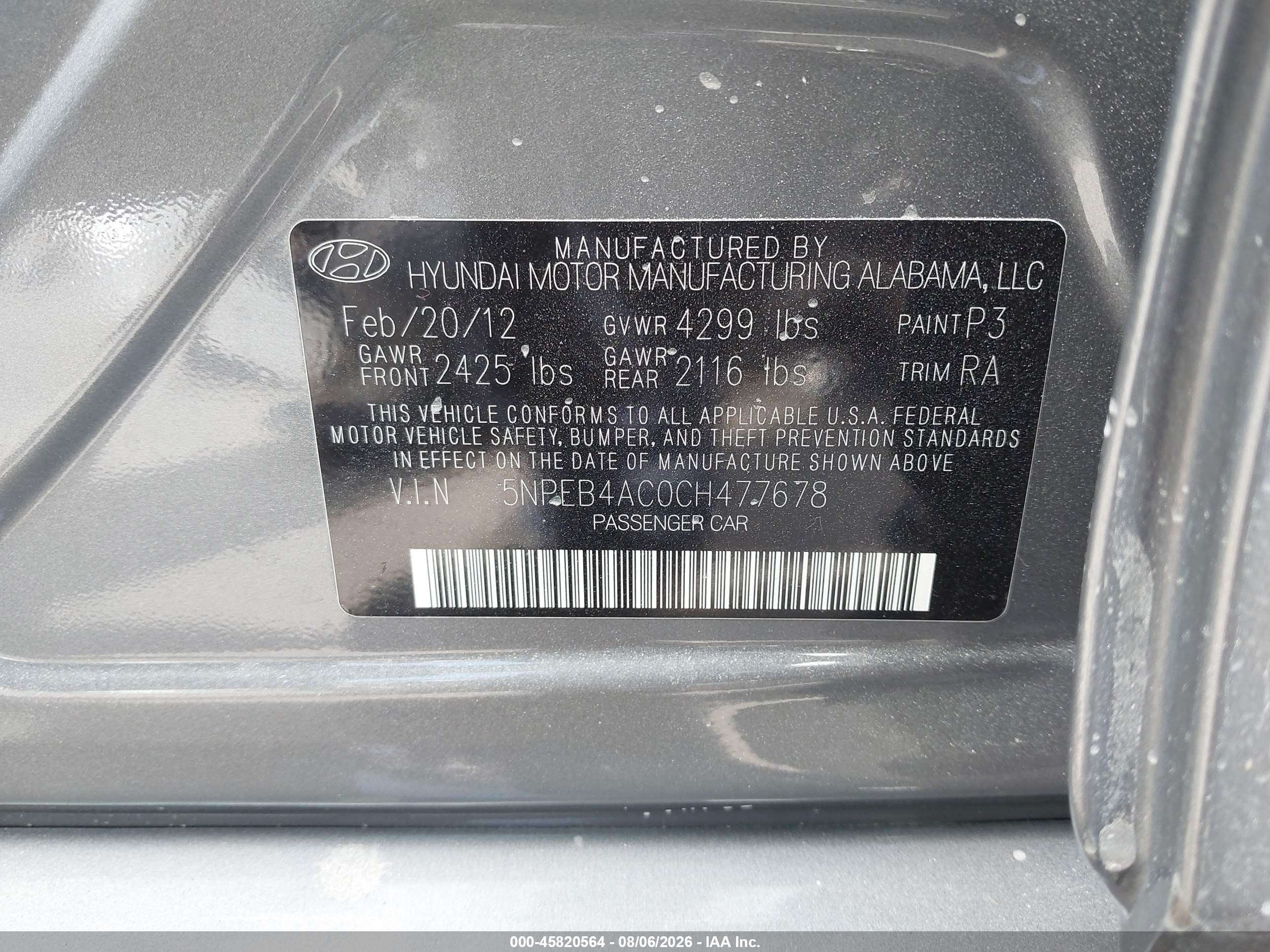 2012 Hyundai Sonata Gls Gray vin: 5NPEB4AC0CH477678