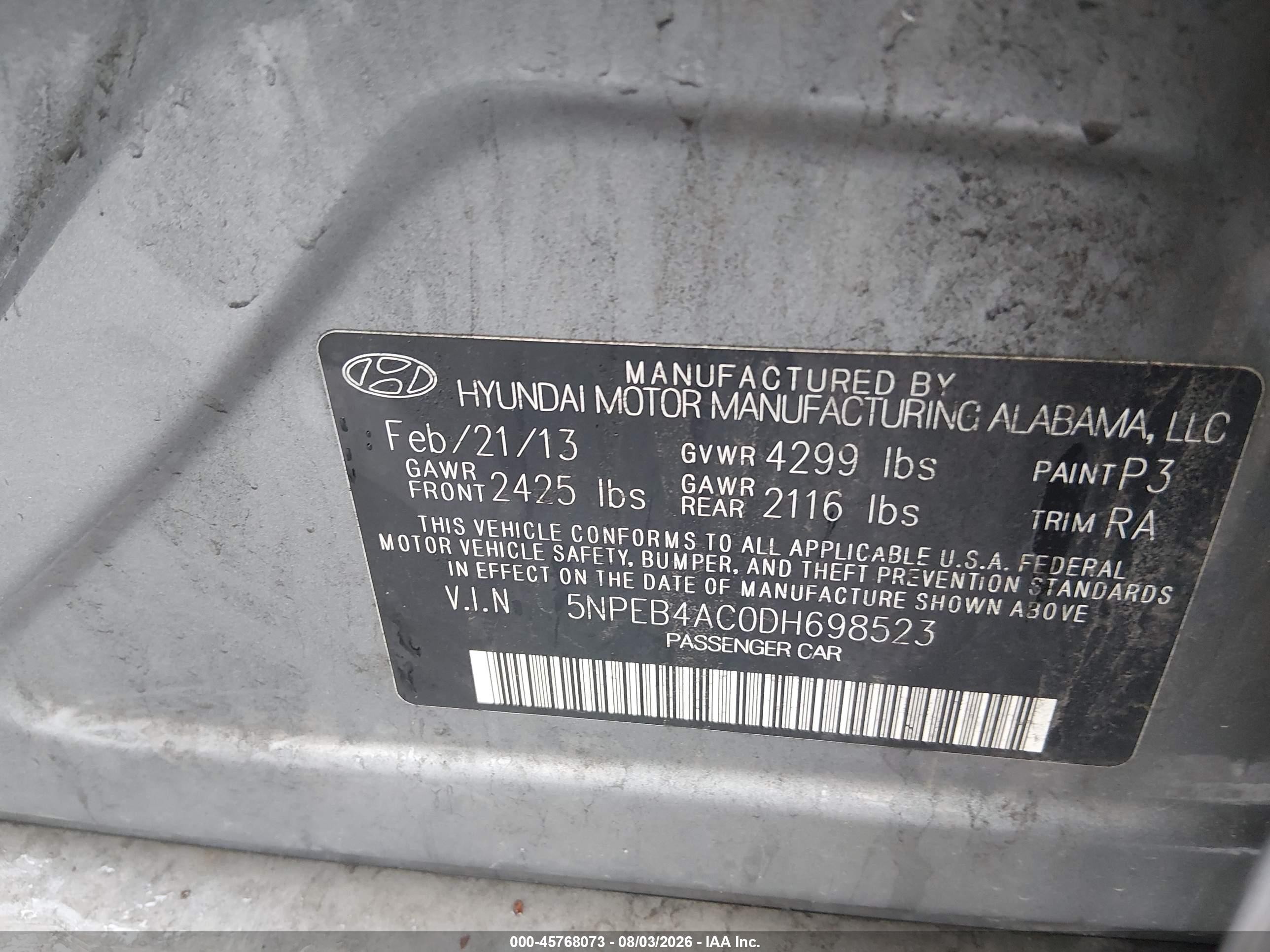2013 Hyundai Sonata Gls Gray vin: 5NPEB4AC0DH698523