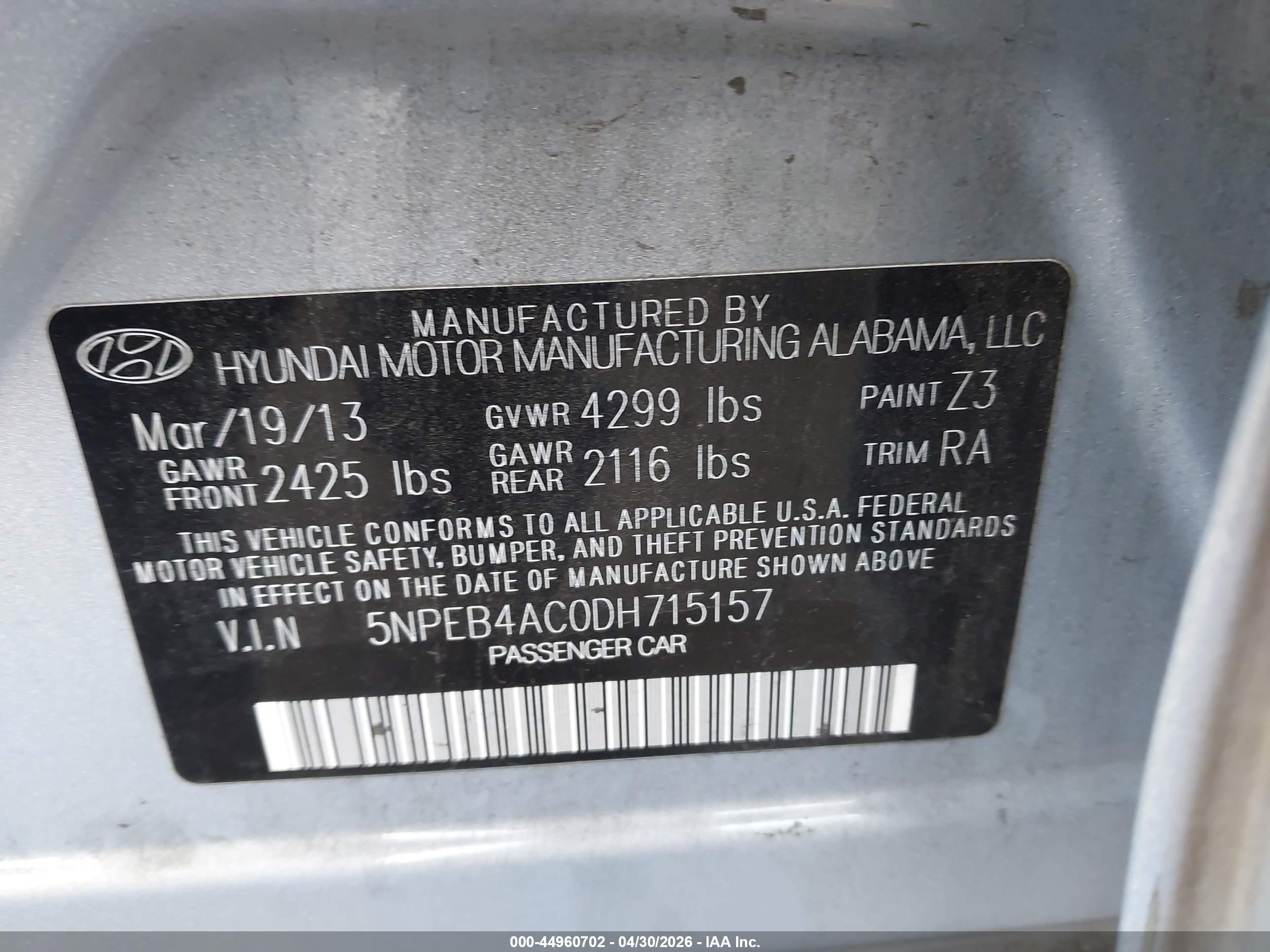 2013 Hyundai Sonata Gls Light Blue vin: 5NPEB4AC0DH715157