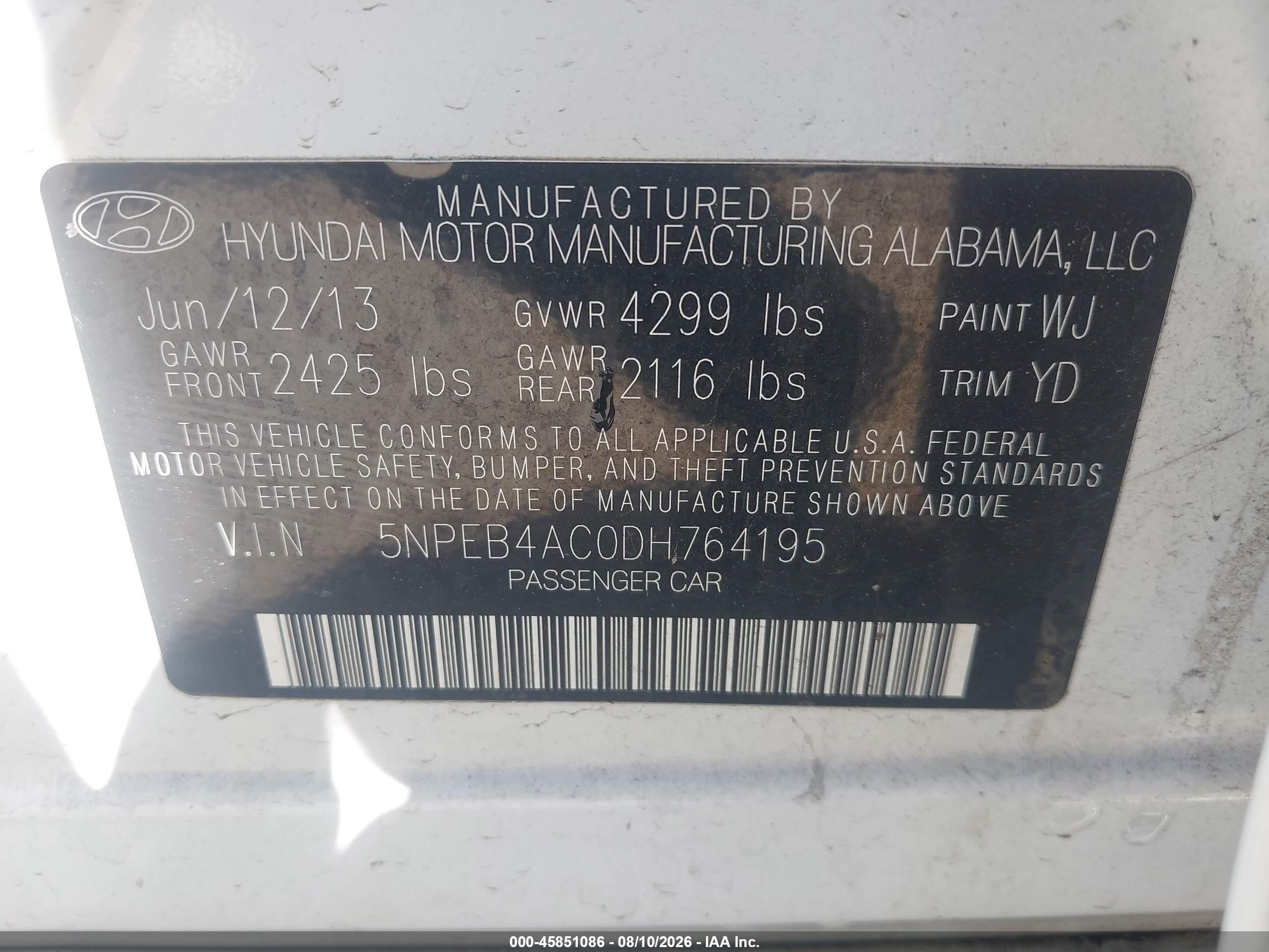 2013 Hyundai Sonata Gls White vin: 5NPEB4AC0DH764195