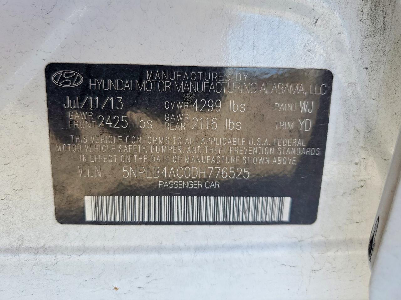2013 Hyundai Sonata Gls White vin: 5NPEB4AC0DH776525
