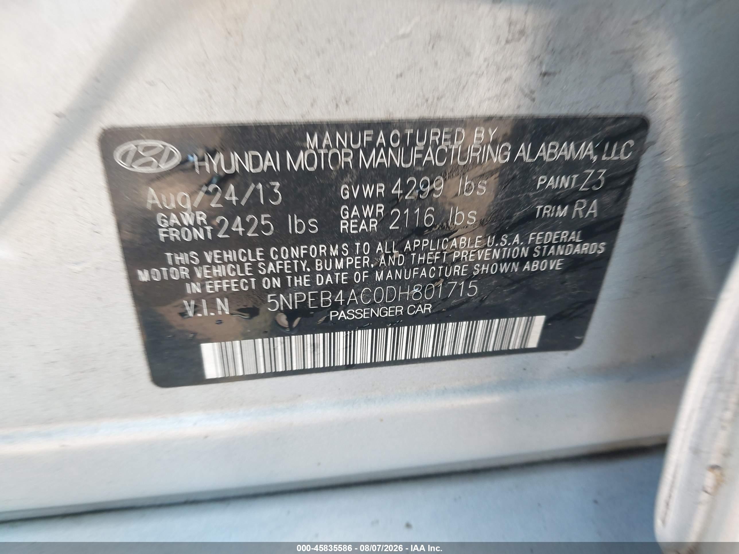 2013 Hyundai Sonata Gls Light Blue vin: 5NPEB4AC0DH801715