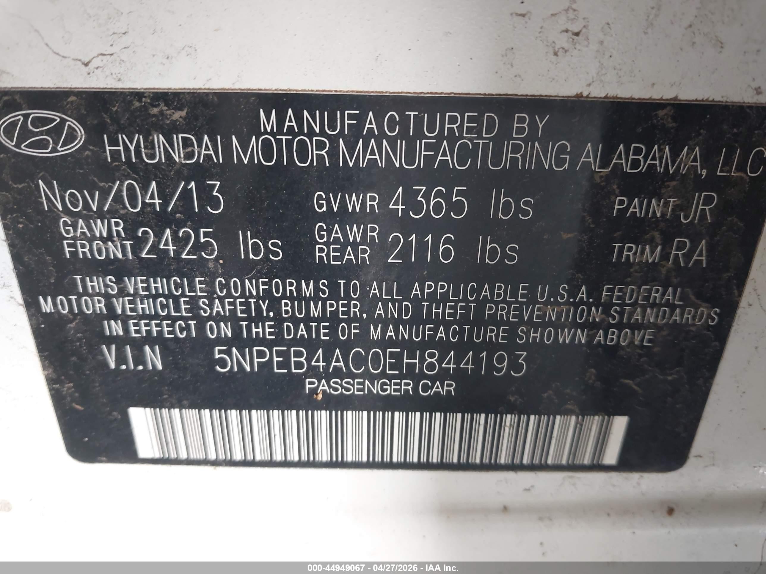 2014 Hyundai Sonata Gls White vin: 5NPEB4AC0EH844193