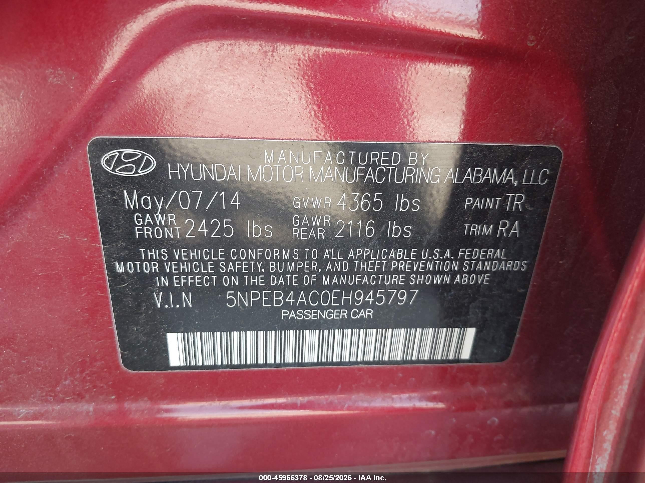 2014 Hyundai Sonata Gls Red vin: 5NPEB4AC0EH945797