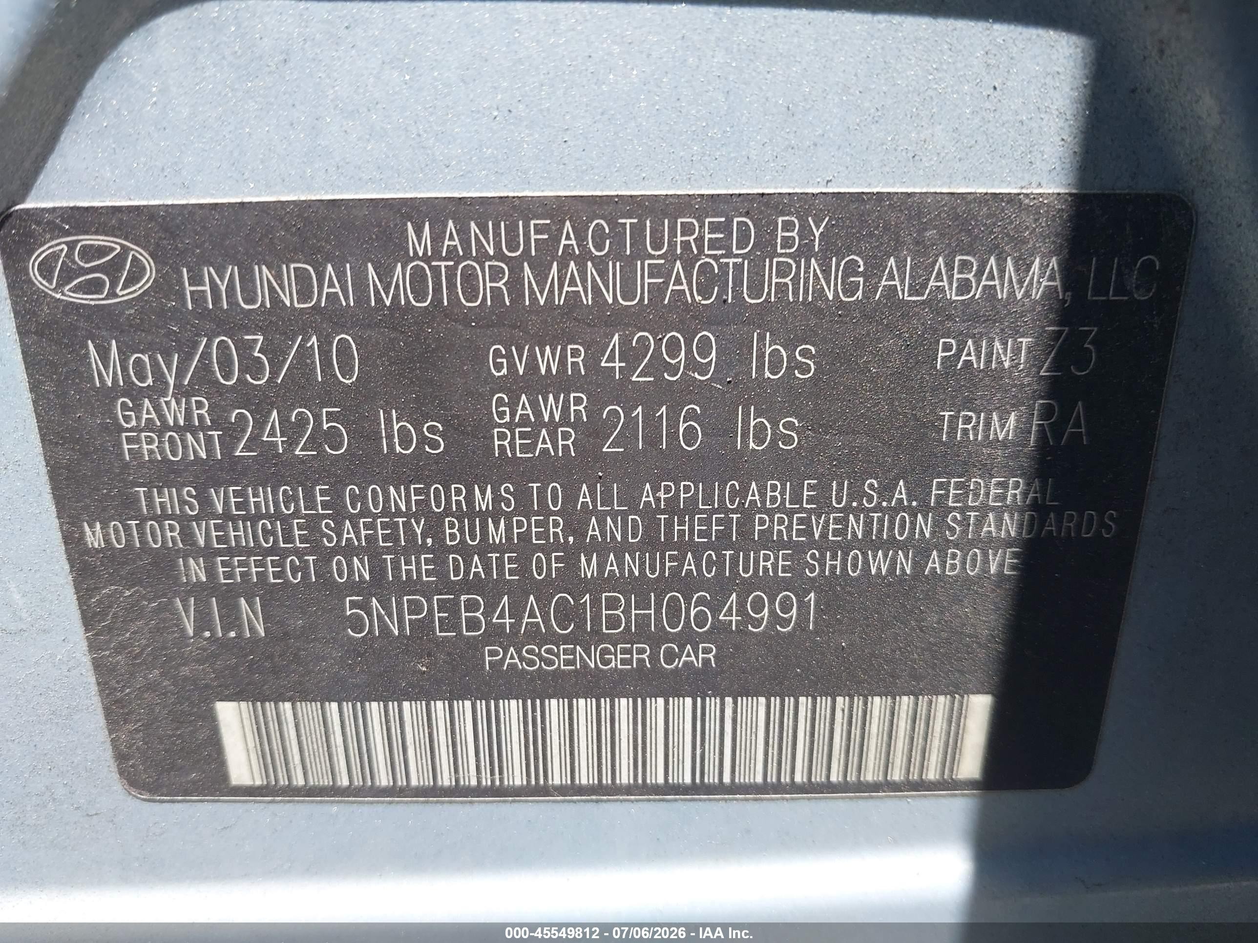 2011 Hyundai Sonata Gls Blue vin: 5NPEB4AC1BH064991
