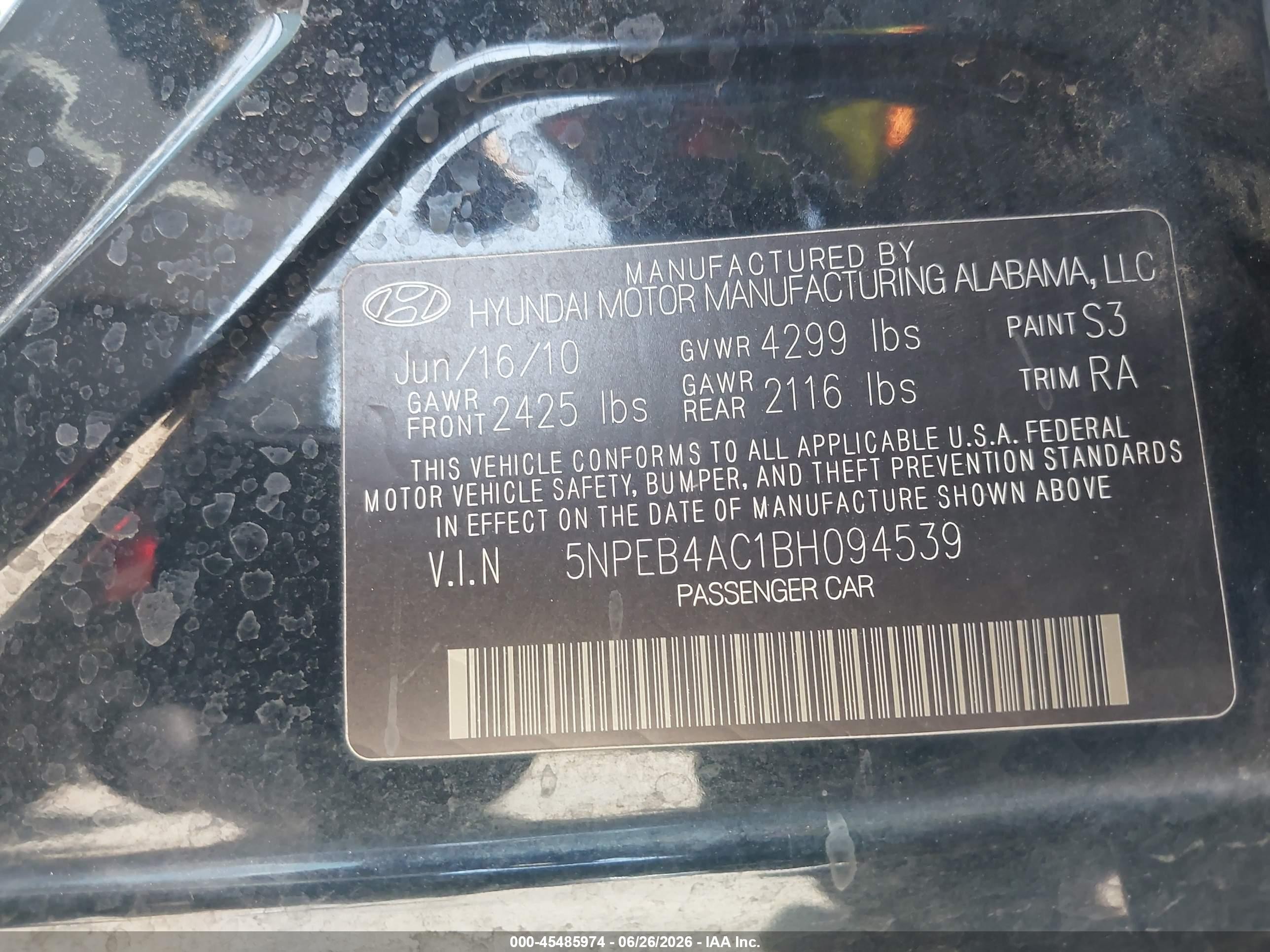2011 Hyundai Sonata Gls Black vin: 5NPEB4AC1BH094539