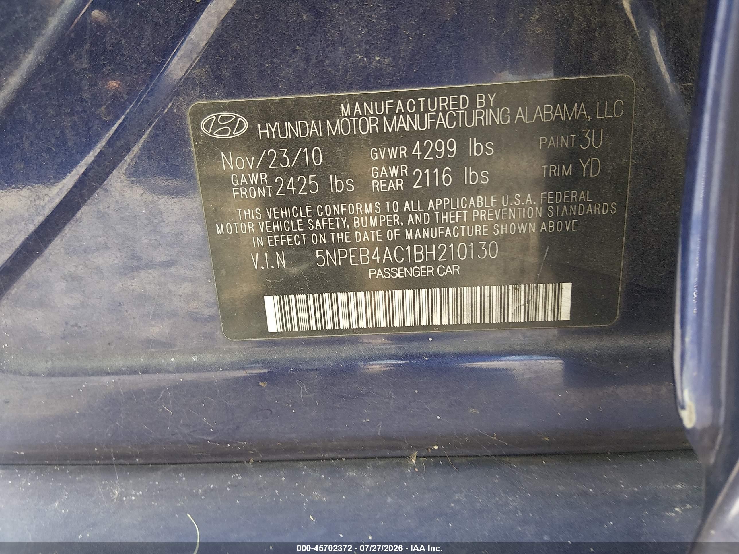 2011 Hyundai Sonata Gls Blue vin: 5NPEB4AC1BH210130