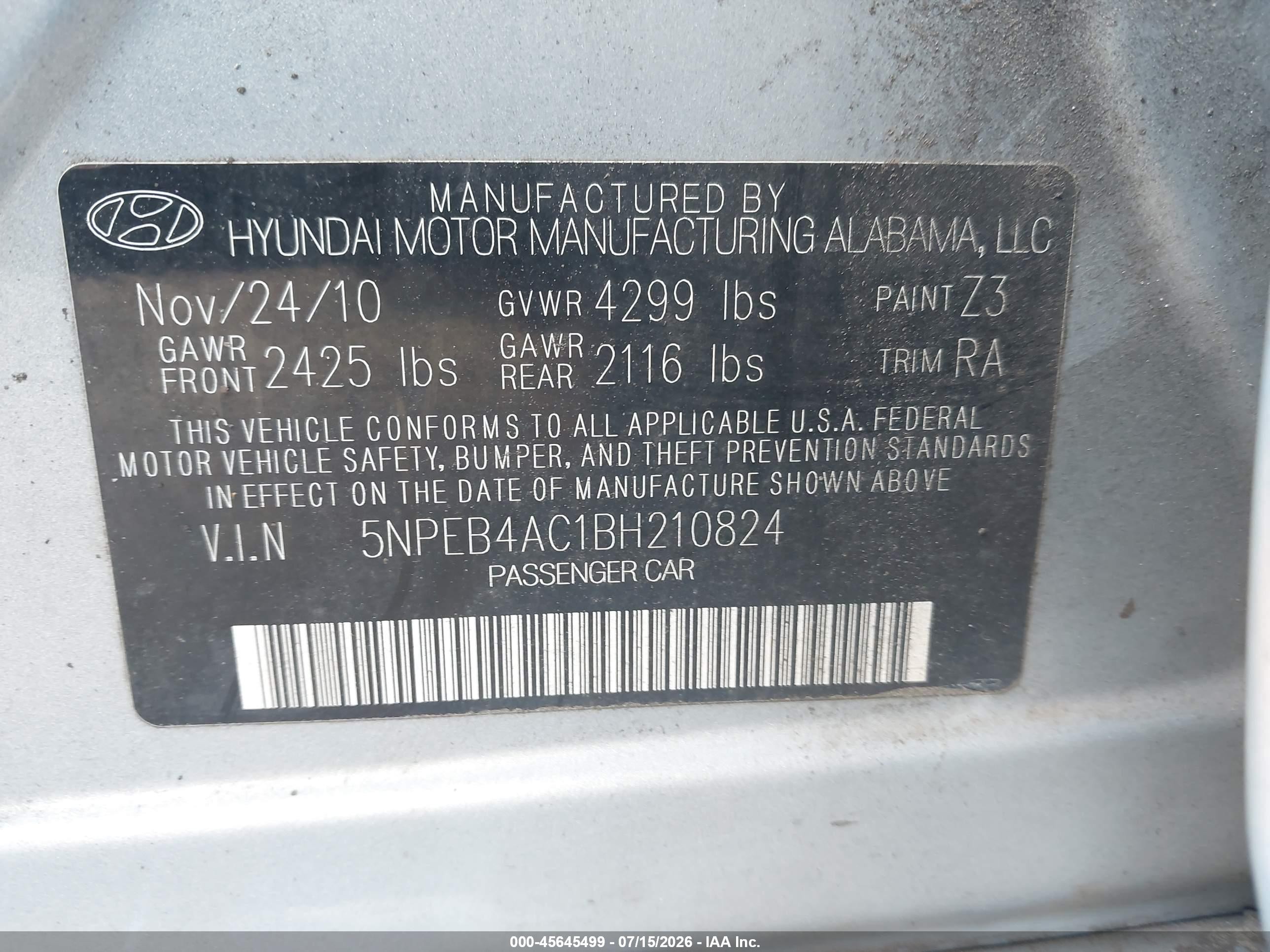 2011 Hyundai Sonata Gls Light Blue vin: 5NPEB4AC1BH210824