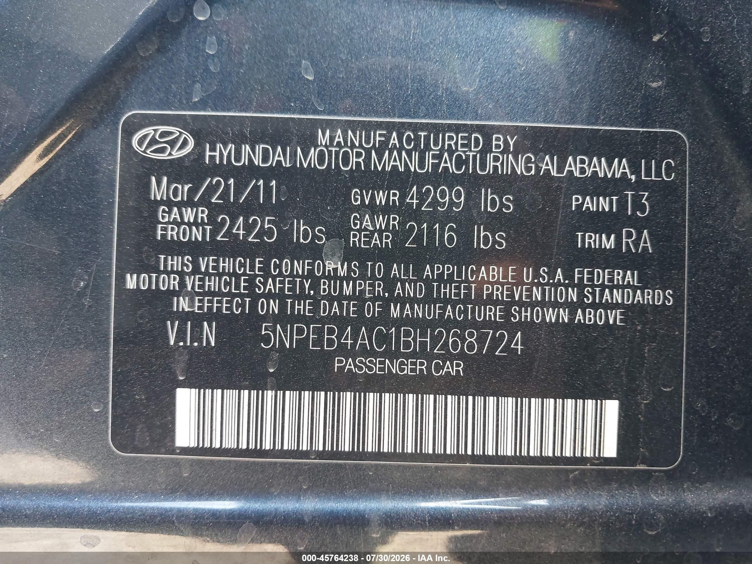 2011 Hyundai Sonata Gls Dark Blue vin: 5NPEB4AC1BH268724