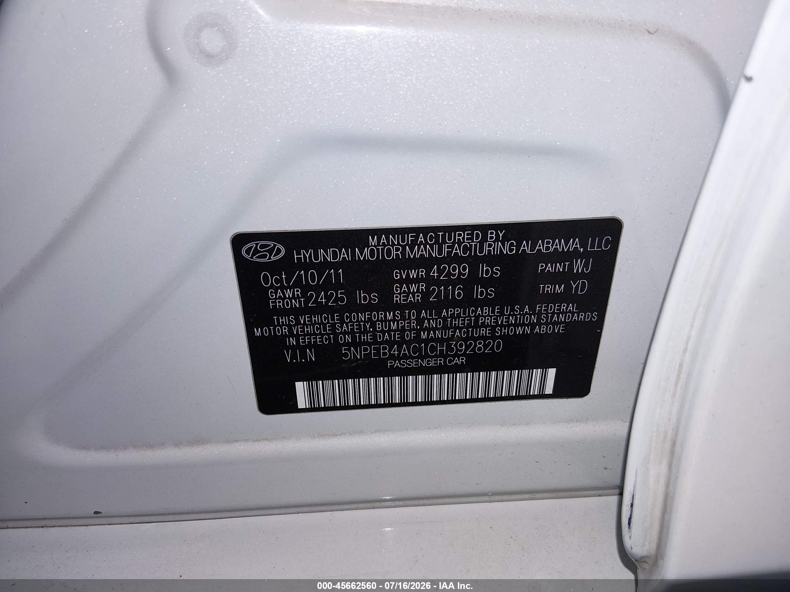 2012 Hyundai Sonata Gls White vin: 5NPEB4AC1CH392820
