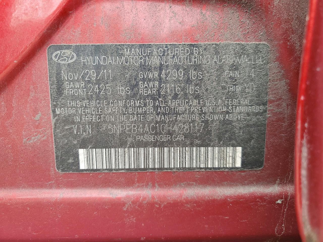 2012 Hyundai Sonata Gls Red vin: 5NPEB4AC1CH428117
