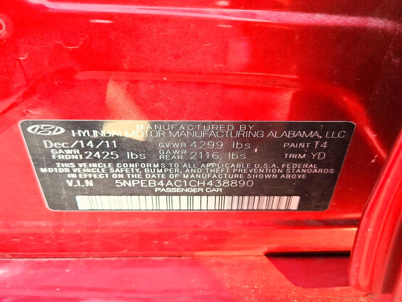 2012 Hyundai Sonata Gls Red vin: 5NPEB4AC1CH438890