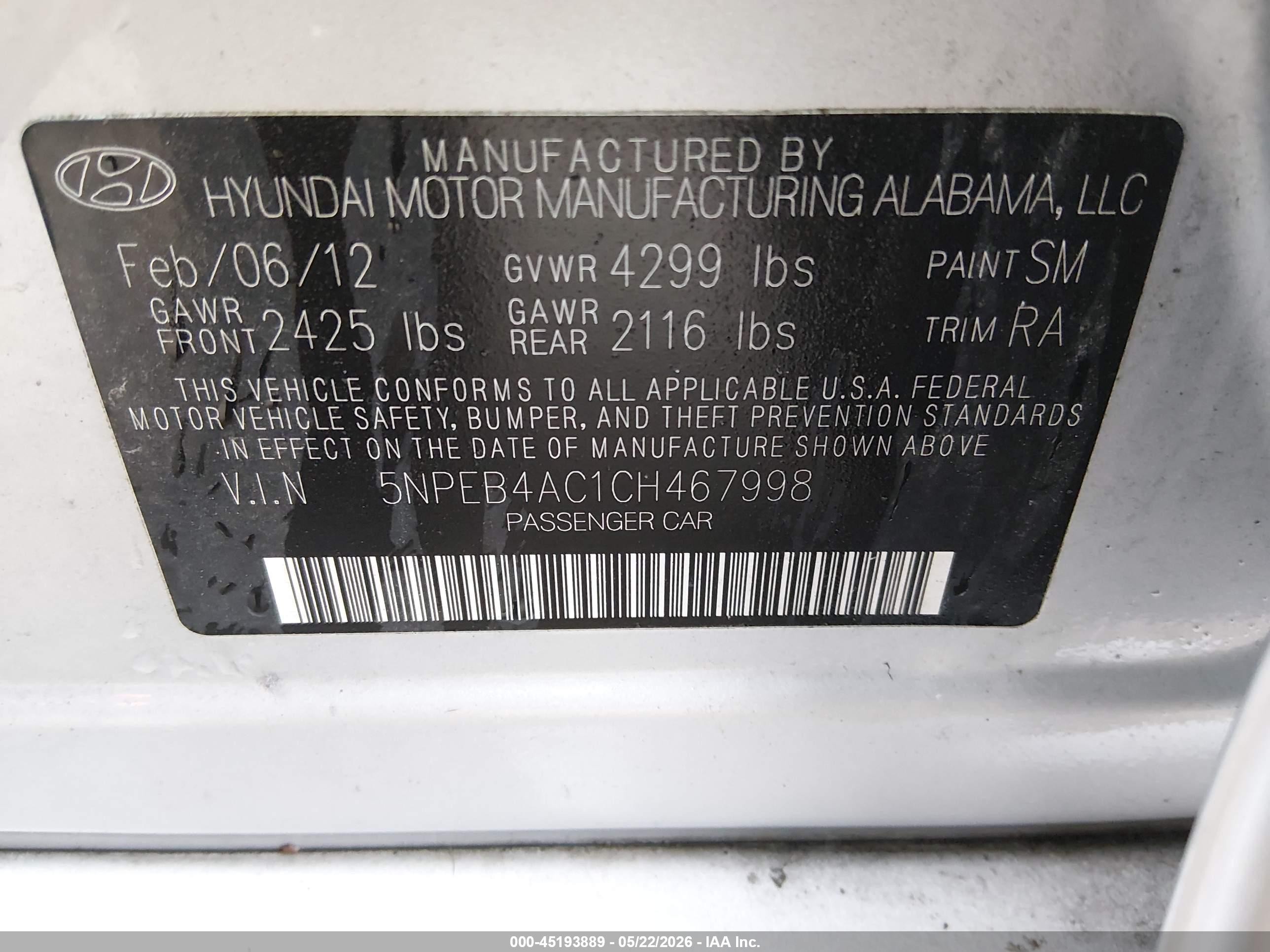 2012 Hyundai Sonata Gls Silver vin: 5NPEB4AC1CH467998