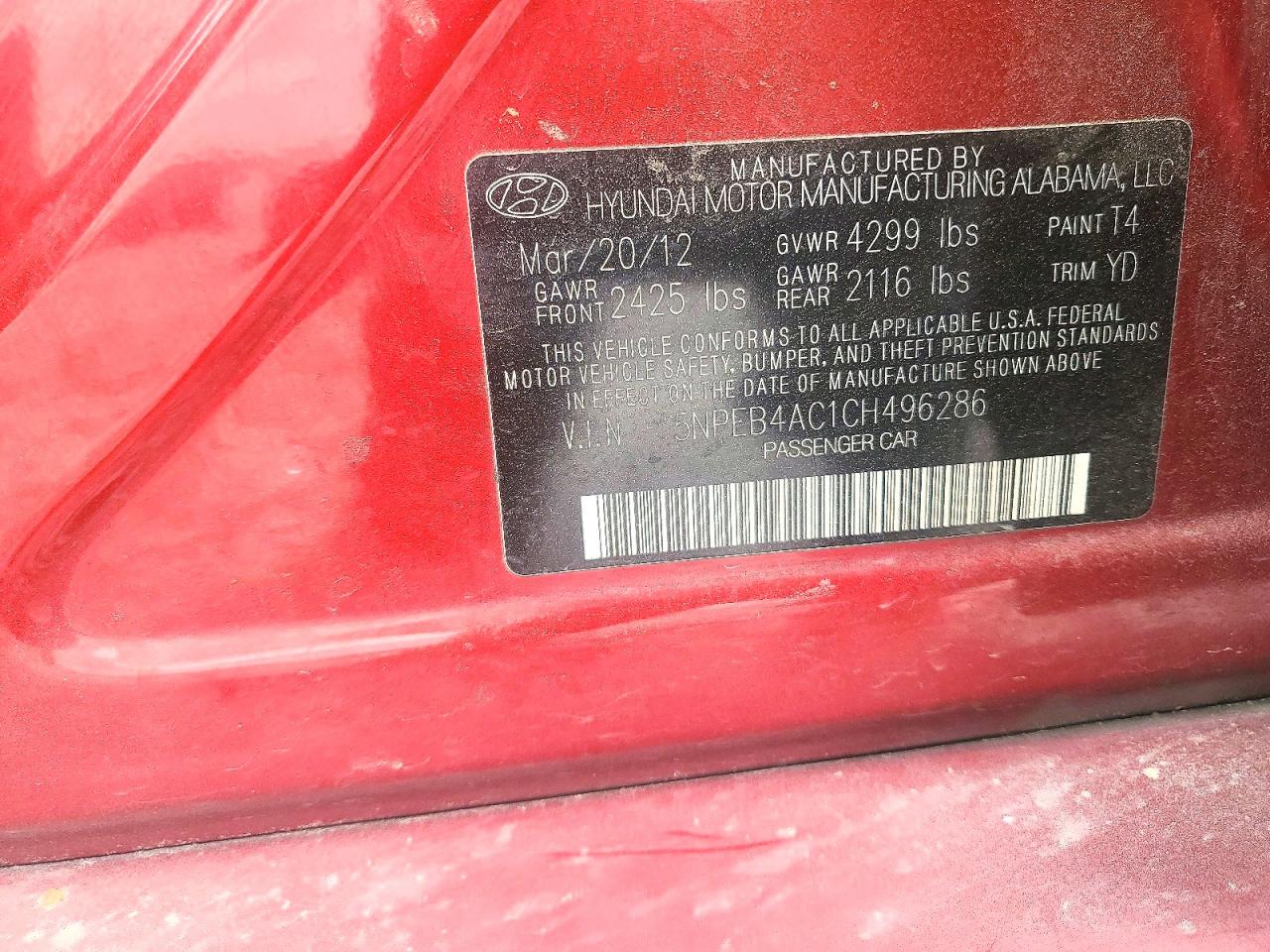 2012 Hyundai Sonata Gls Red vin: 5NPEB4AC1CH496286