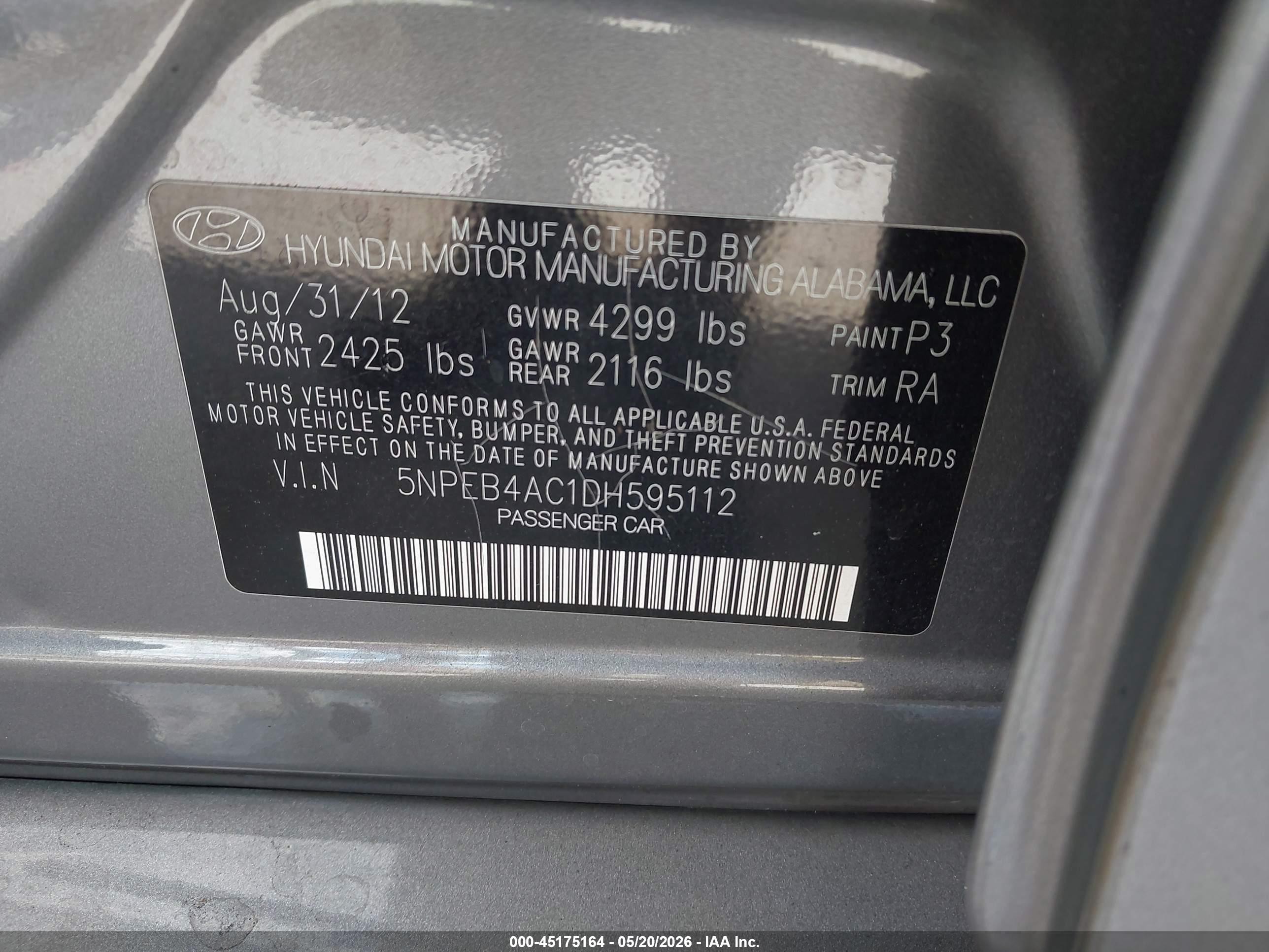 2013 Hyundai Sonata Gls Серый vin: 5NPEB4AC1DH595112