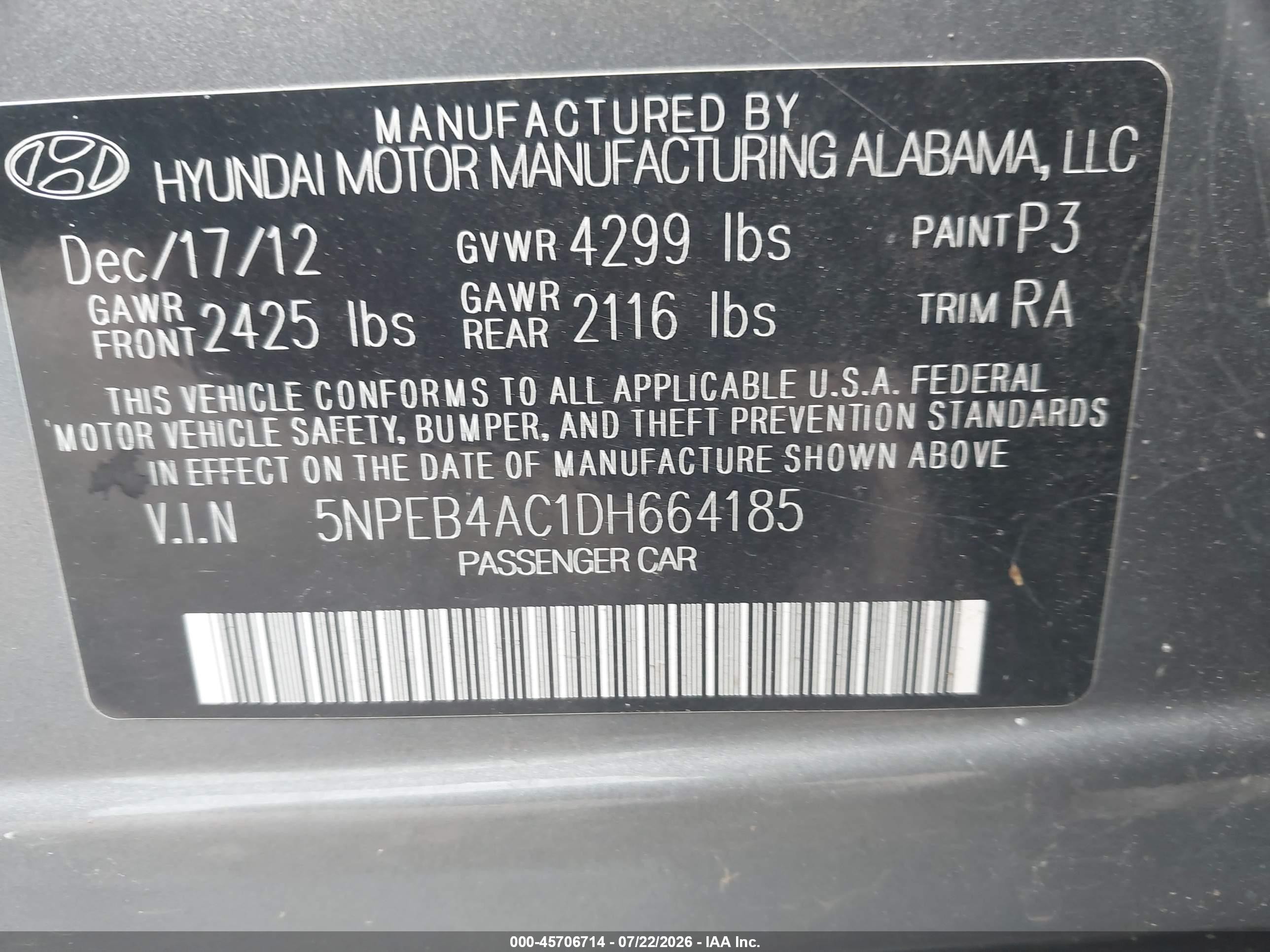 2013 Hyundai Sonata Gls Gray vin: 5NPEB4AC1DH664185