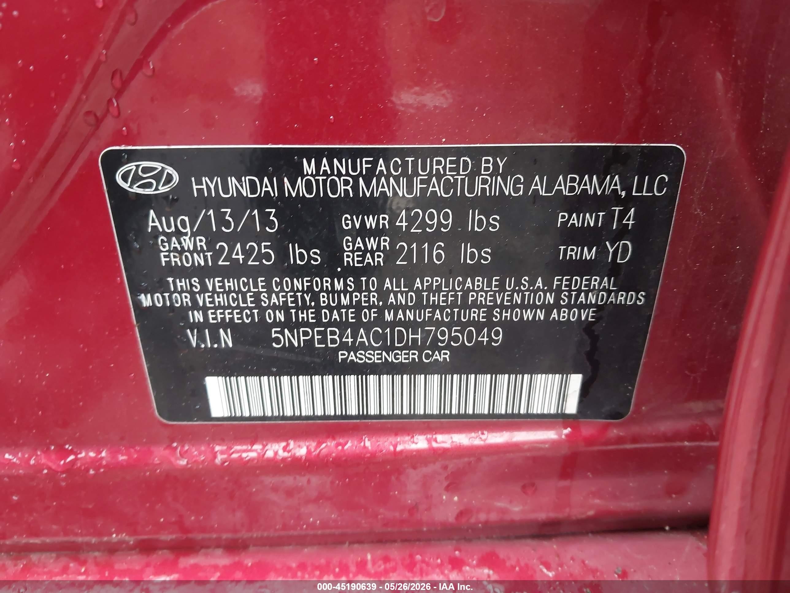 2013 Hyundai Sonata Gls Red vin: 5NPEB4AC1DH795049