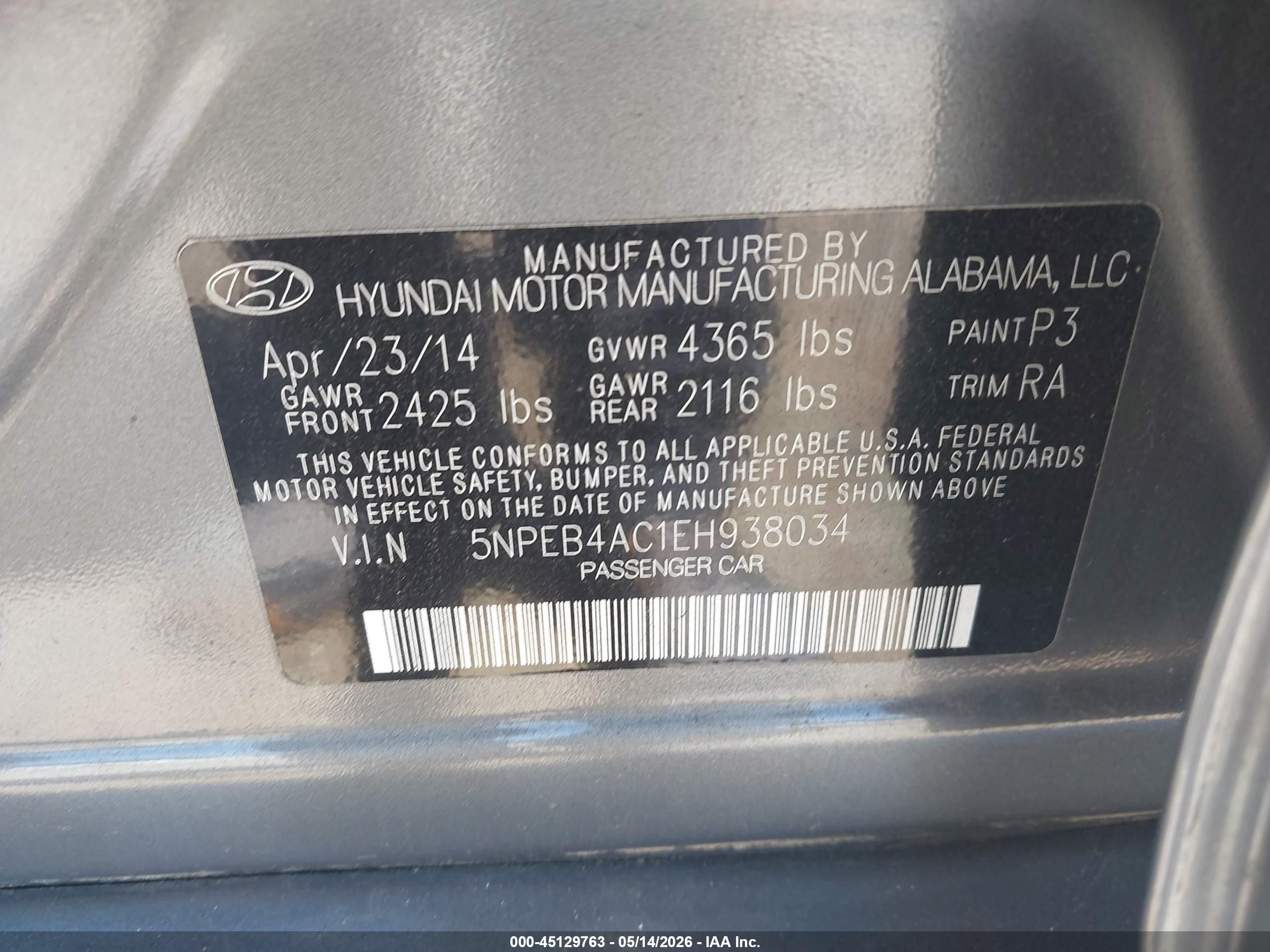 2014 Hyundai Sonata Gls Gray vin: 5NPEB4AC1EH938034