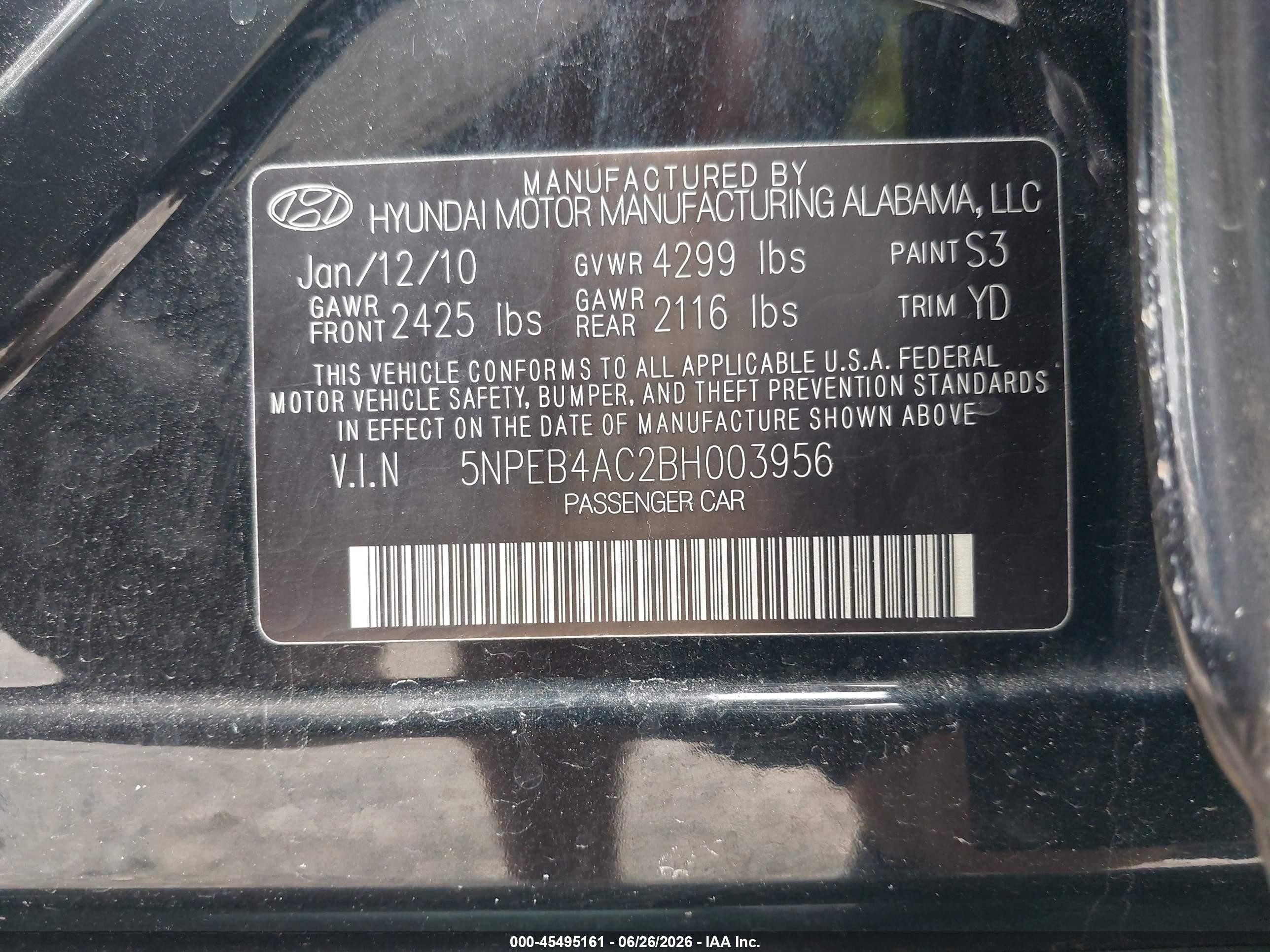2011 Hyundai Sonata Gls Black vin: 5NPEB4AC2BH003956