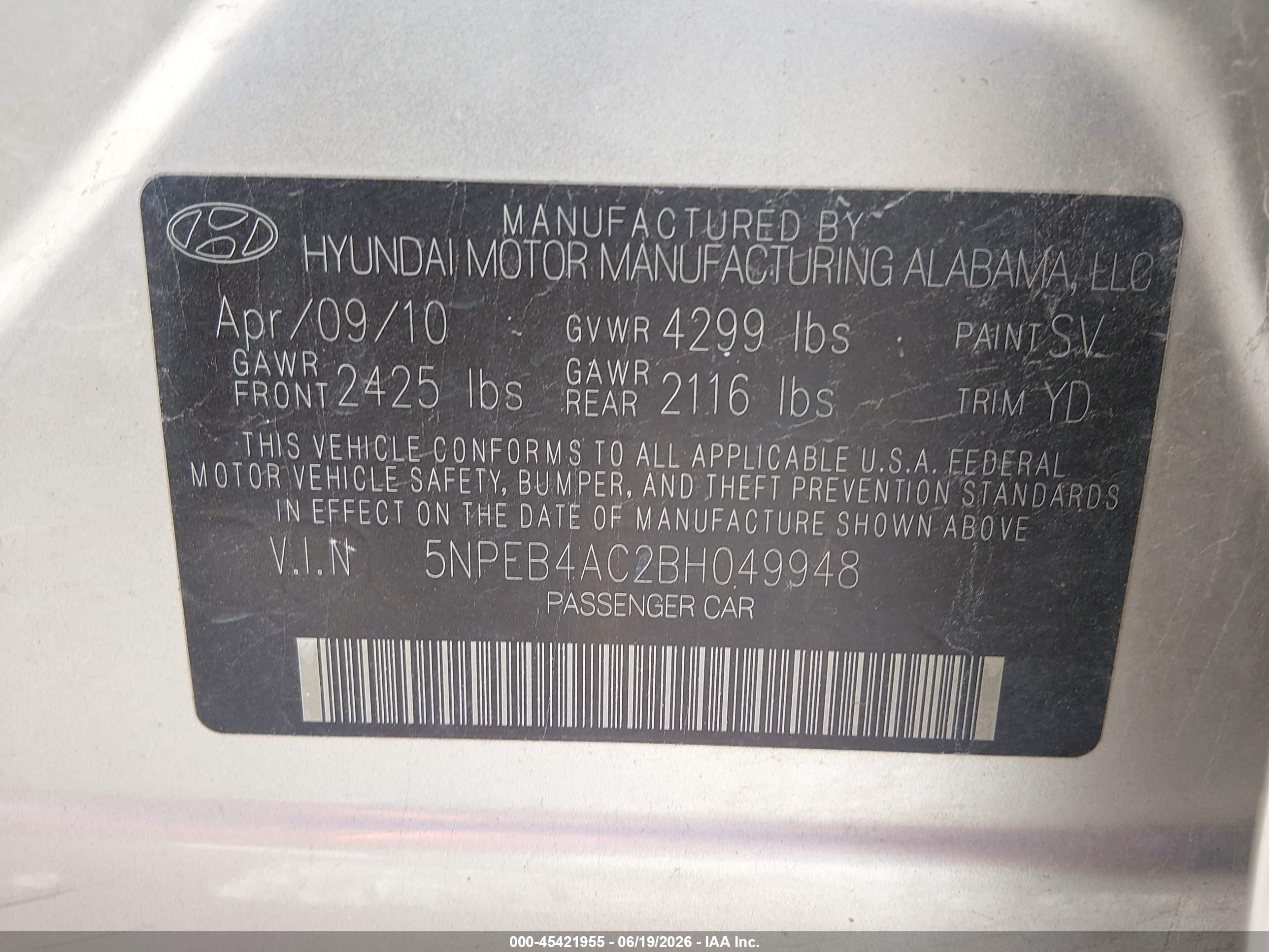 2011 Hyundai Sonata Gls Gold vin: 5NPEB4AC2BH049948