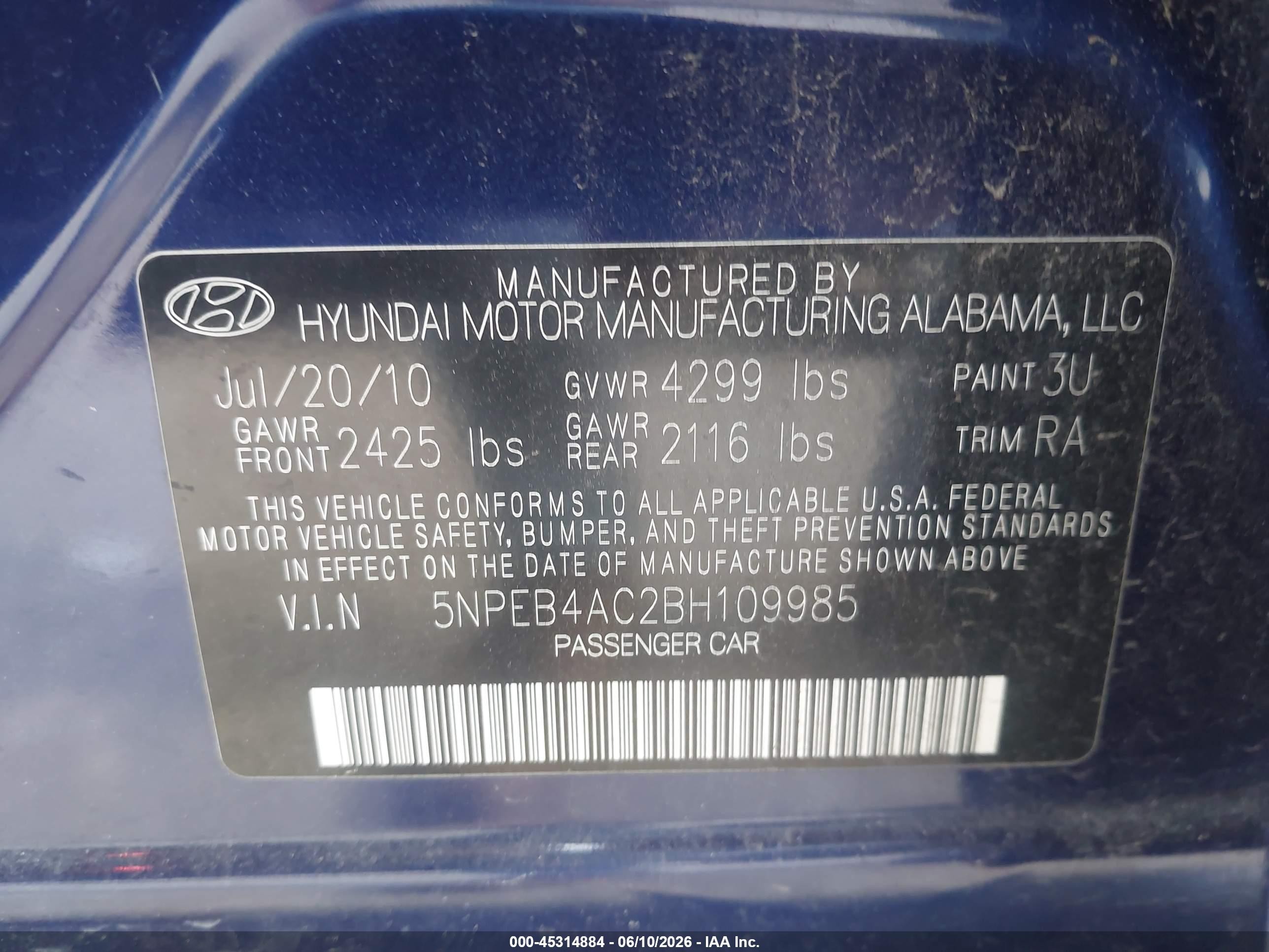 2011 Hyundai Sonata Gls Blue vin: 5NPEB4AC2BH109985