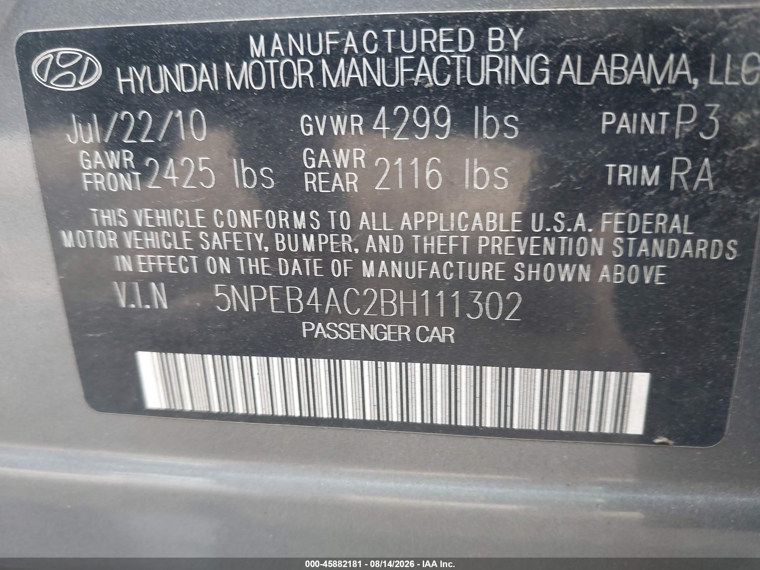2011 Hyundai Sonata Gls Gray vin: 5NPEB4AC2BH111302