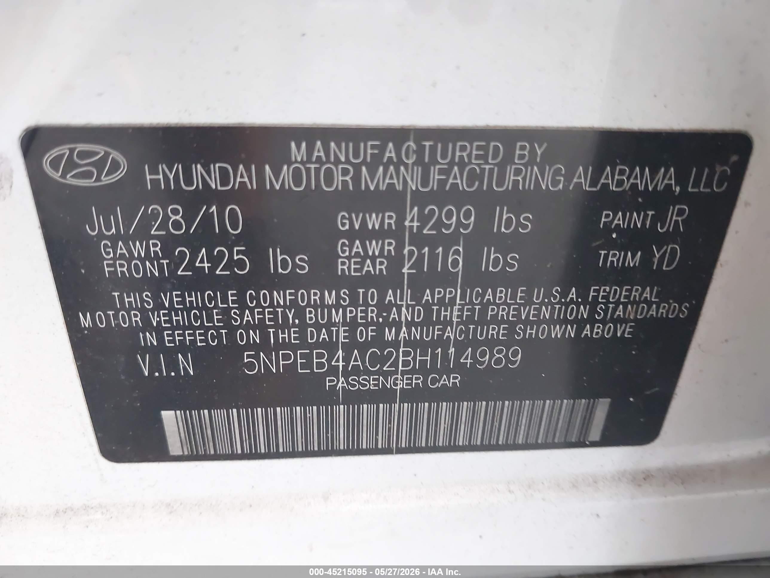 2011 Hyundai Sonata Gls White vin: 5NPEB4AC2BH114989