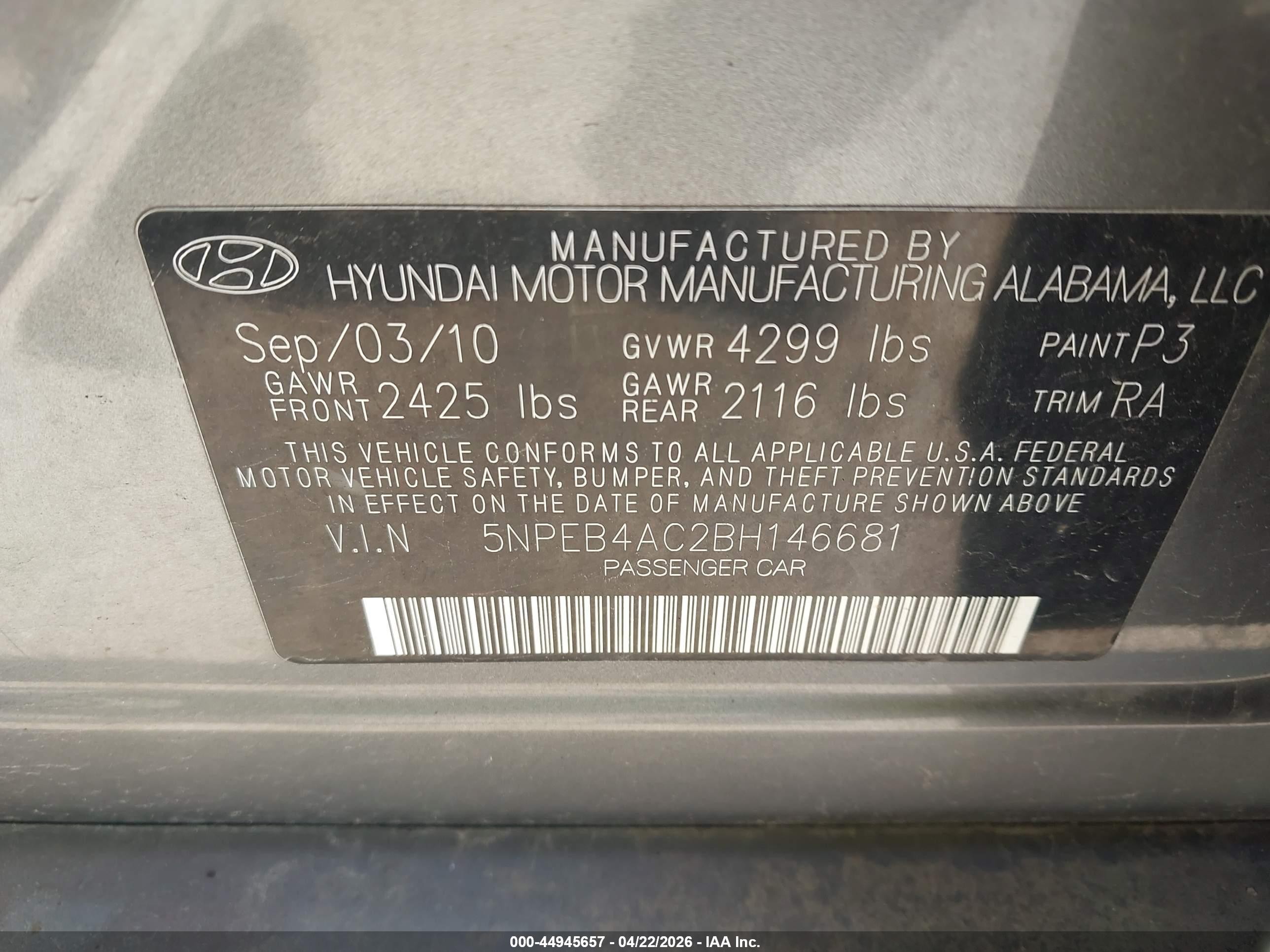 2011 Hyundai Sonata Gls Серый vin: 5NPEB4AC2BH146681