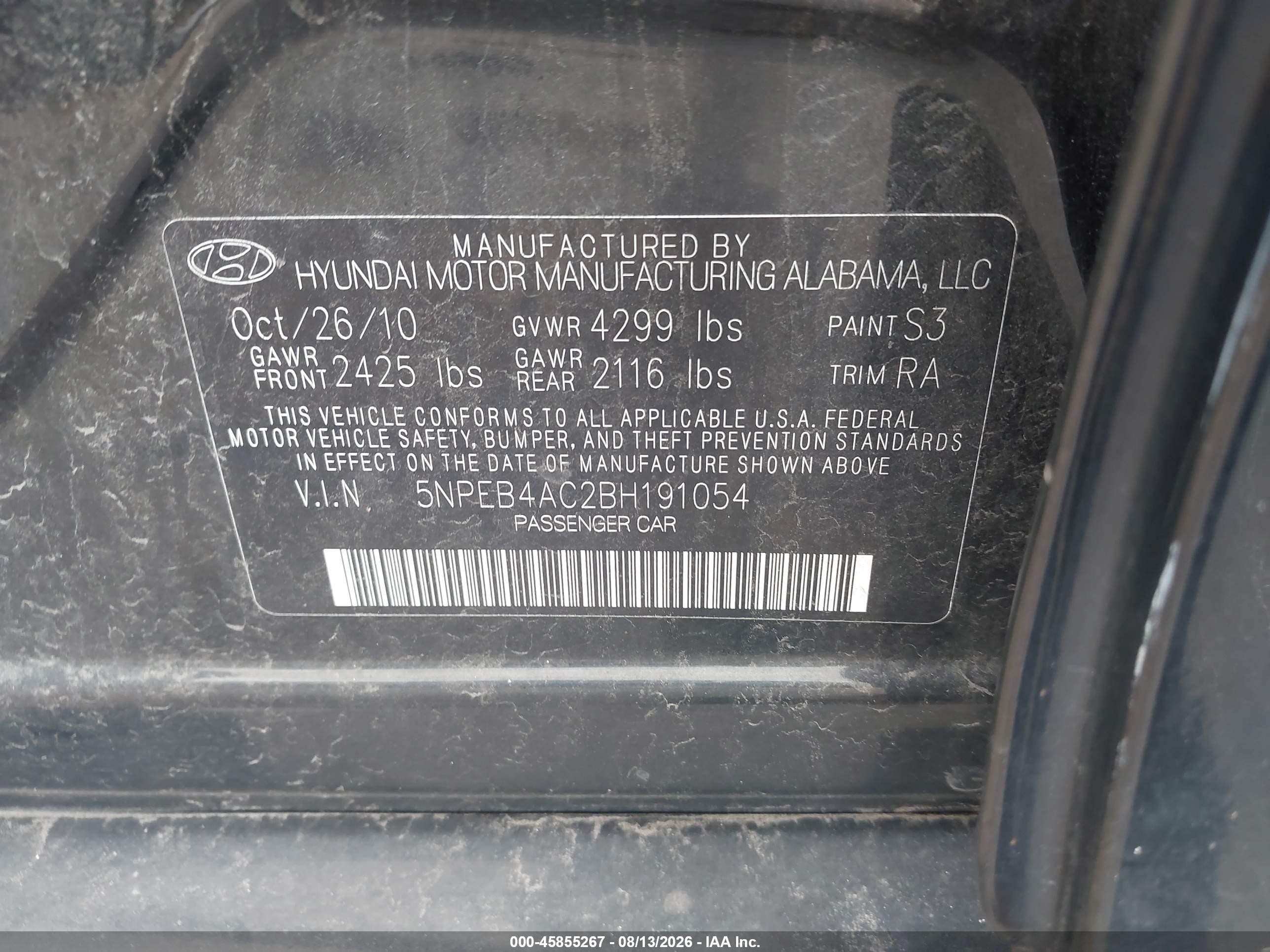 2011 Hyundai Sonata Gls Black vin: 5NPEB4AC2BH191054