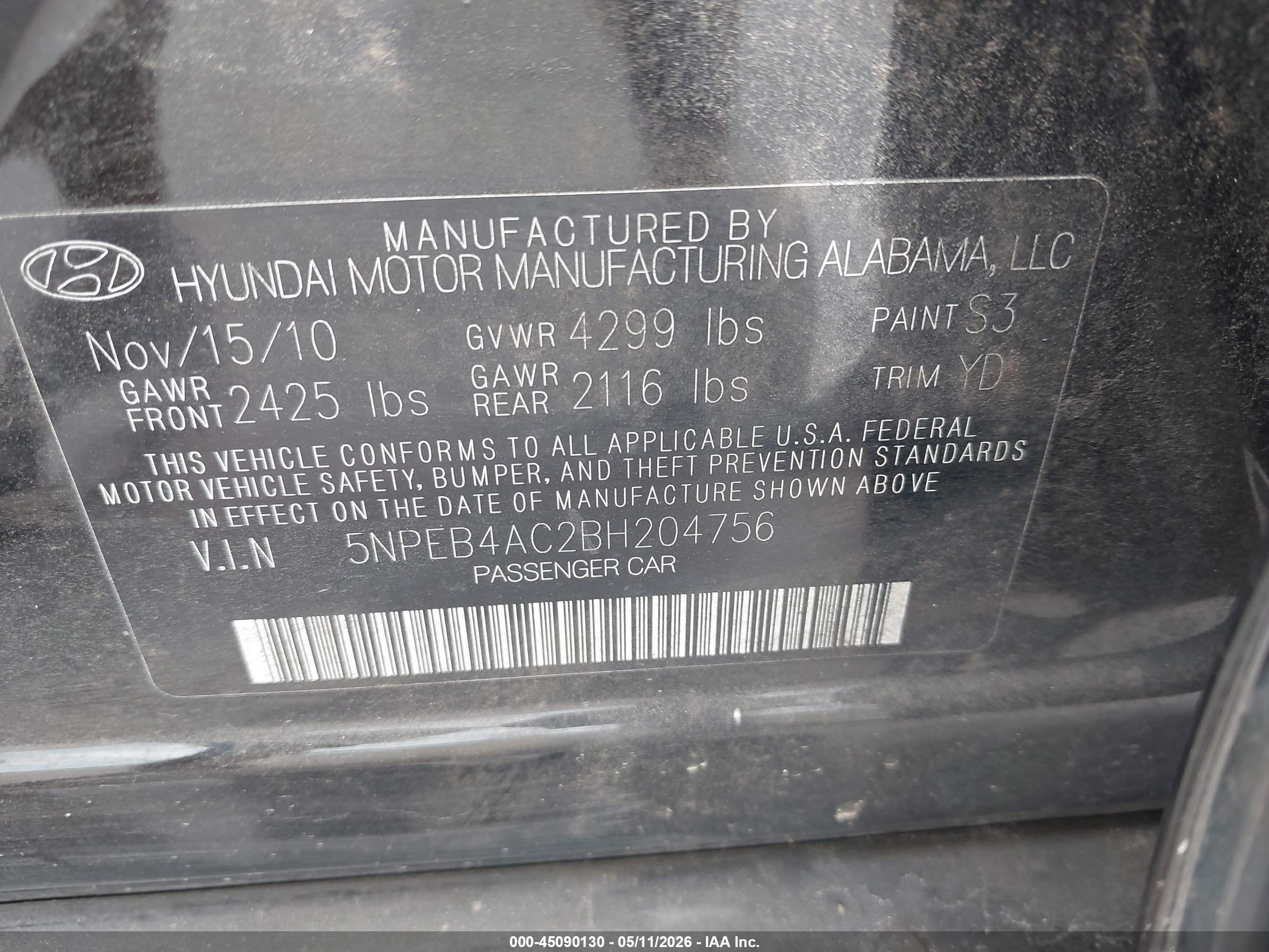 2011 Hyundai Sonata Gls Black vin: 5NPEB4AC2BH204756