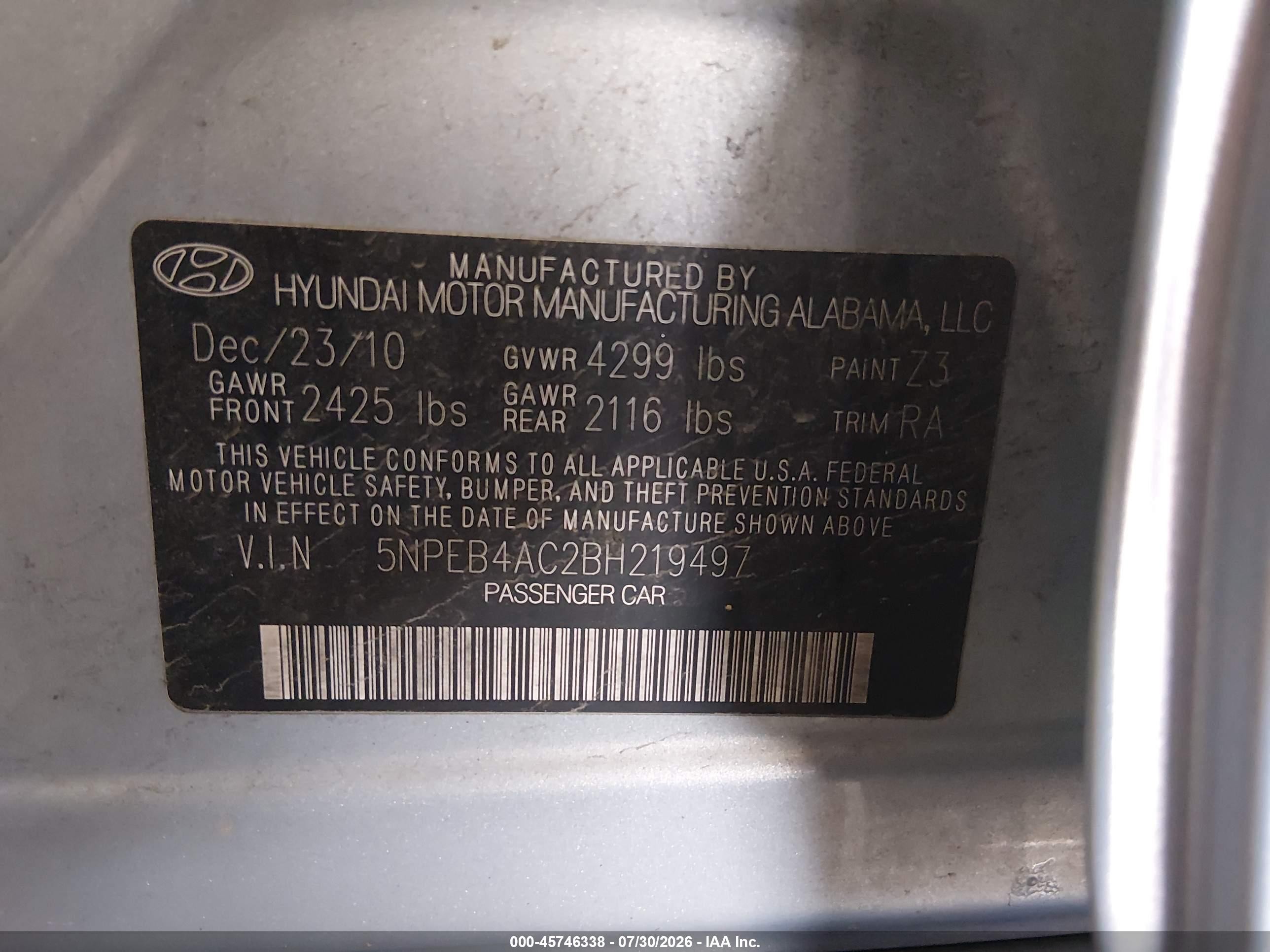 2011 Hyundai Sonata Gls Light Blue vin: 5NPEB4AC2BH219497