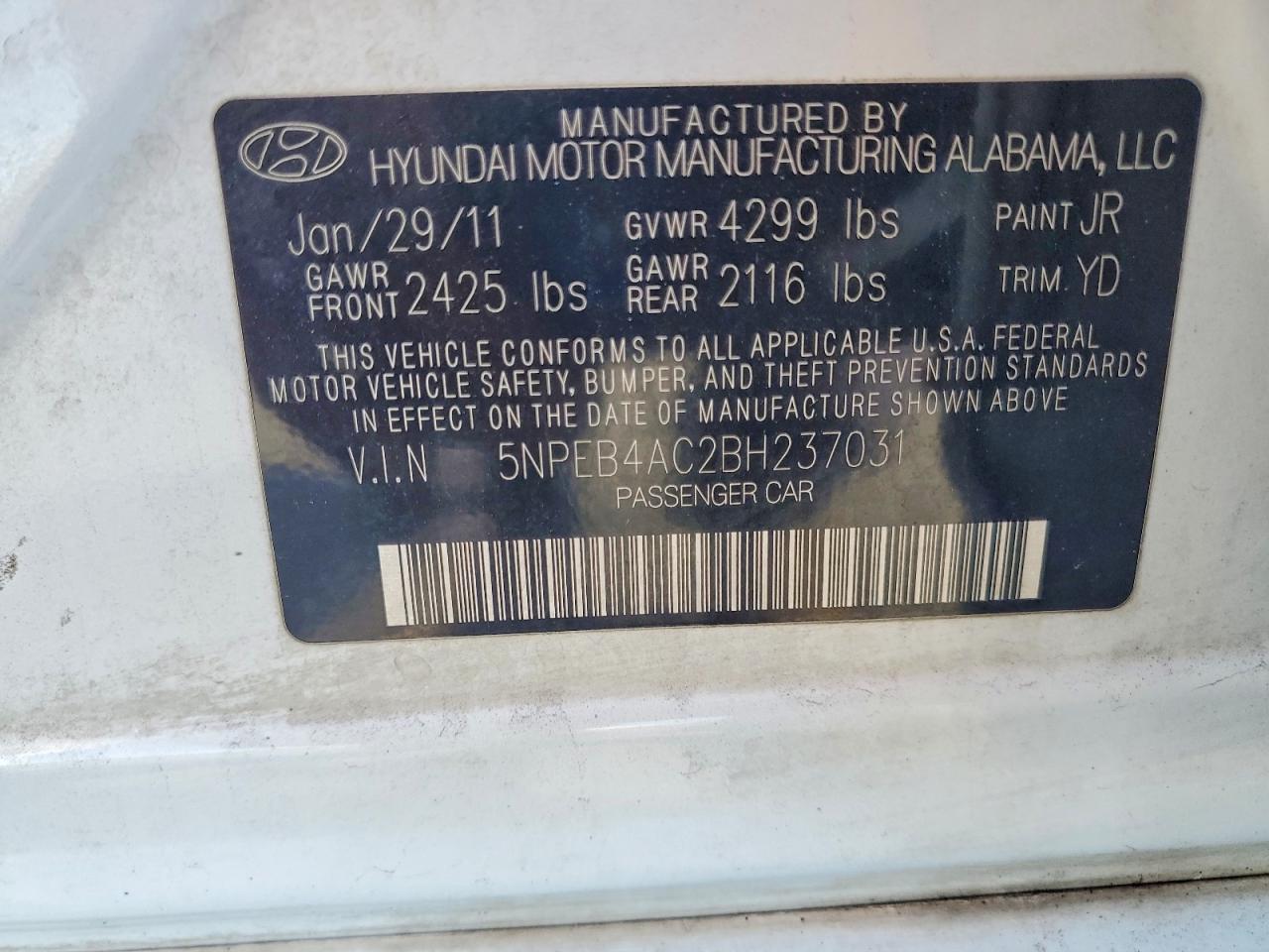 2011 Hyundai Sonata Gls White vin: 5NPEB4AC2BH237031