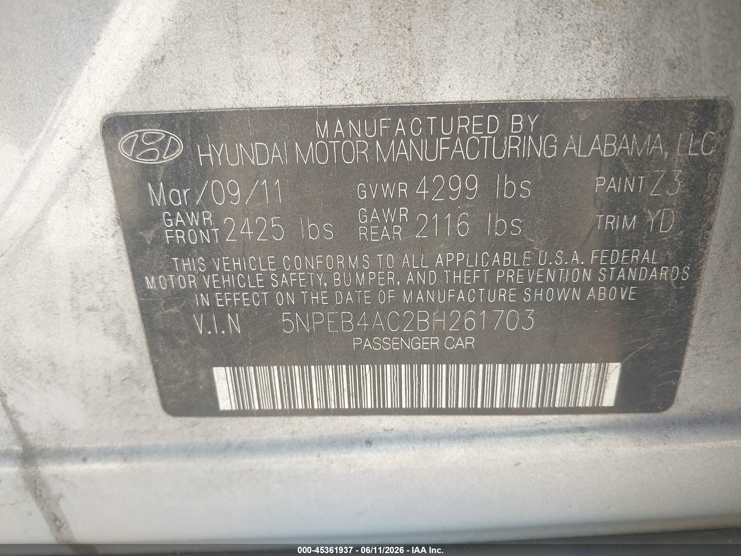 2011 Hyundai Sonata Gls Light Blue vin: 5NPEB4AC2BH261703