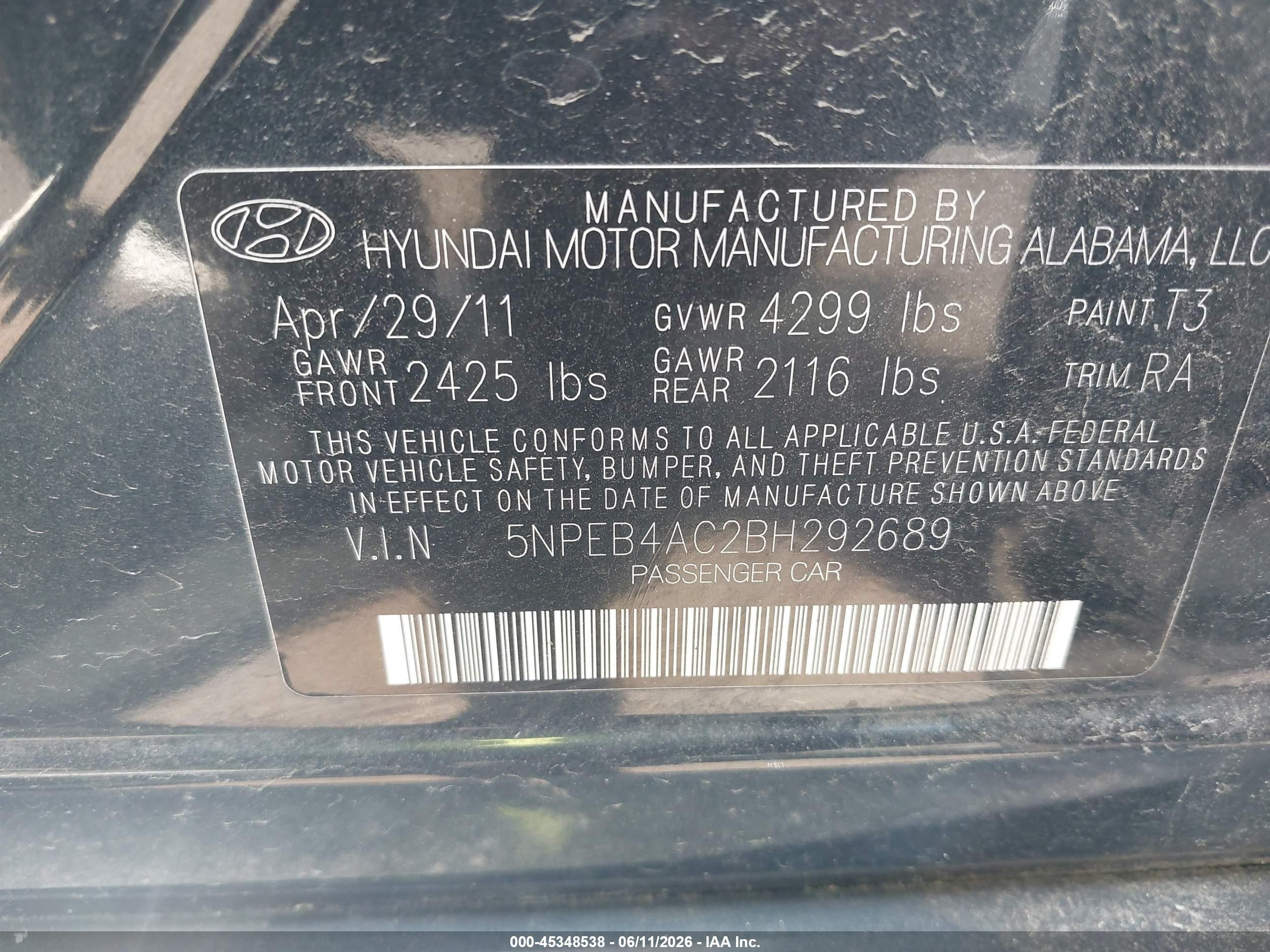 2011 Hyundai Sonata Gls Blue vin: 5NPEB4AC2BH292689