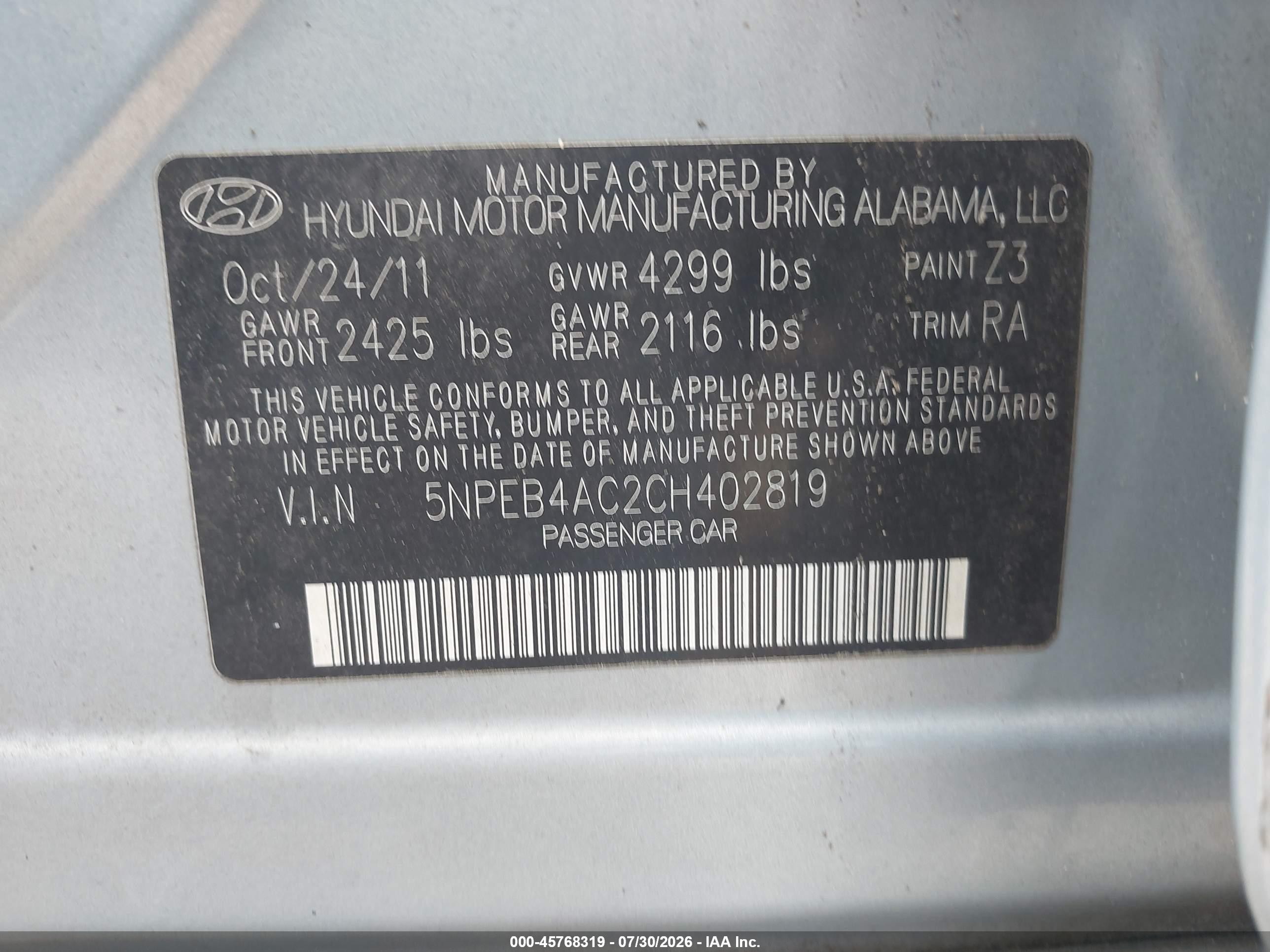 2012 Hyundai Sonata Gls Blue vin: 5NPEB4AC2CH402819