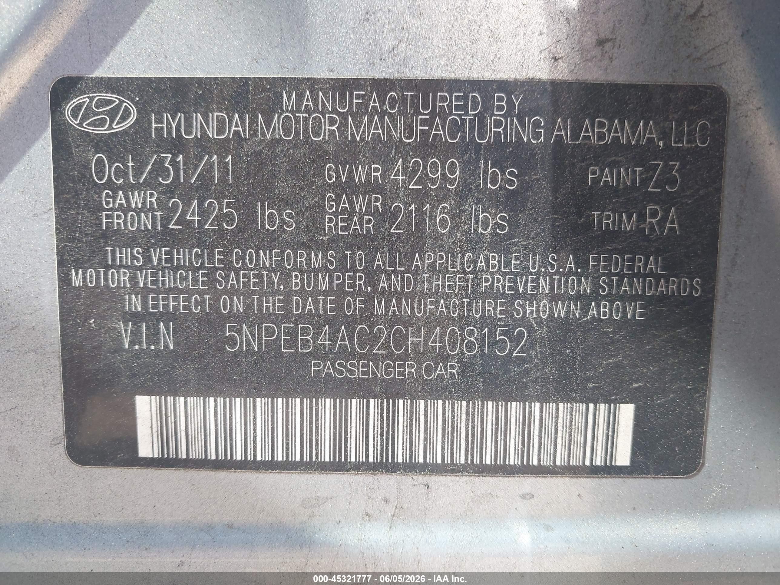 2012 Hyundai Sonata Gls Light Blue vin: 5NPEB4AC2CH408152