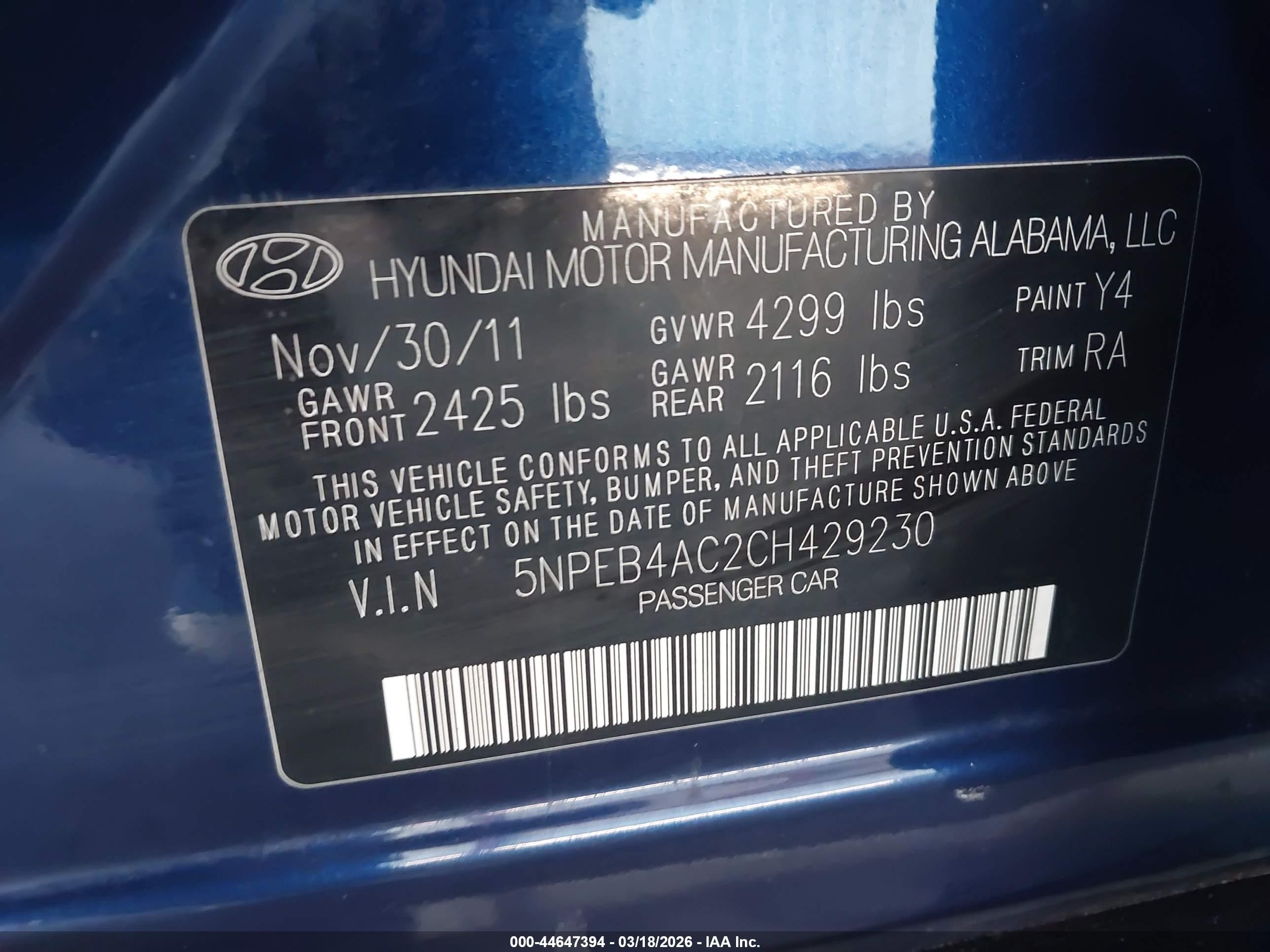 2012 Hyundai Sonata Gls Blue vin: 5NPEB4AC2CH429230