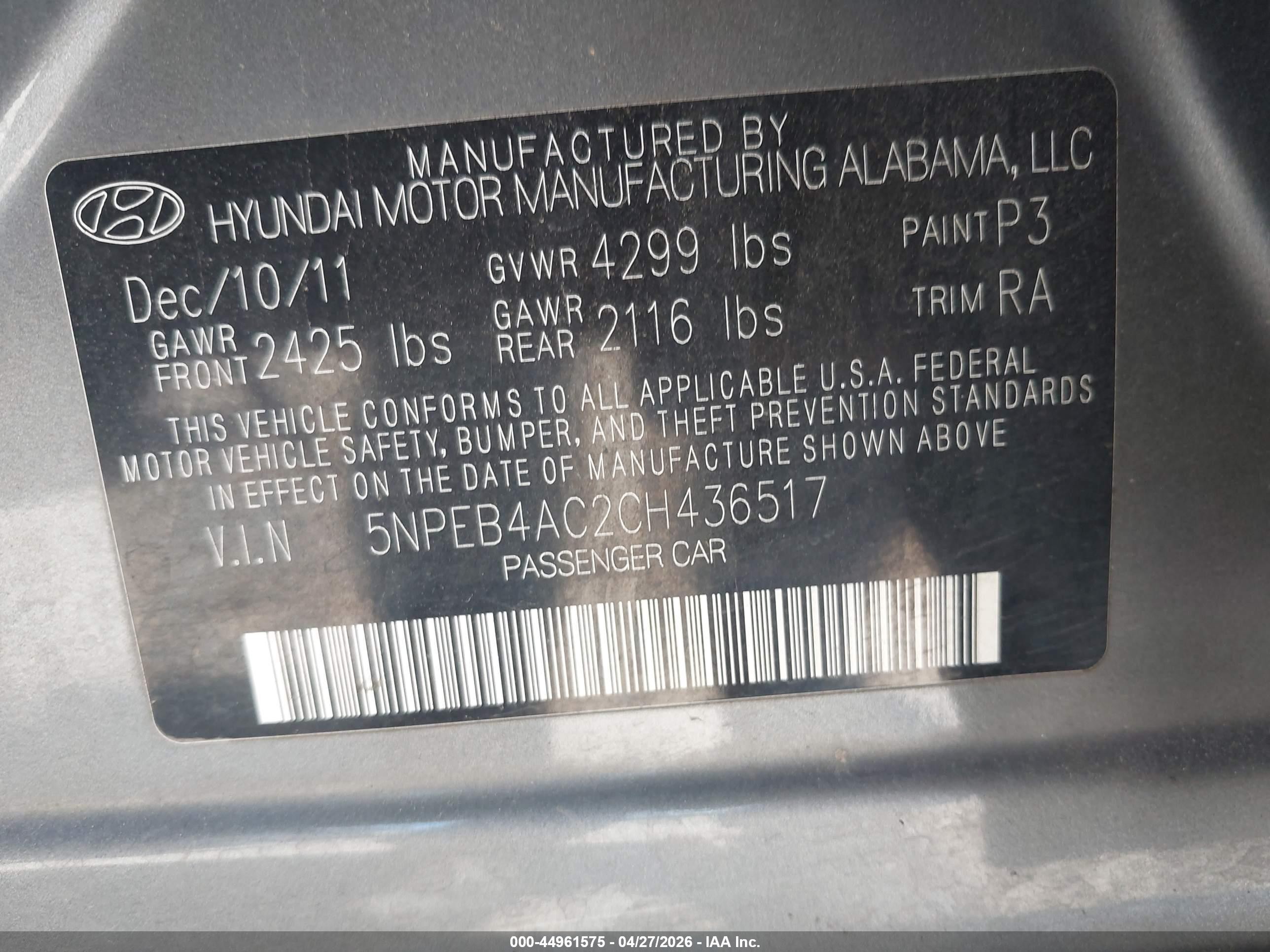 2012 Hyundai Sonata Gls Gray vin: 5NPEB4AC2CH436517