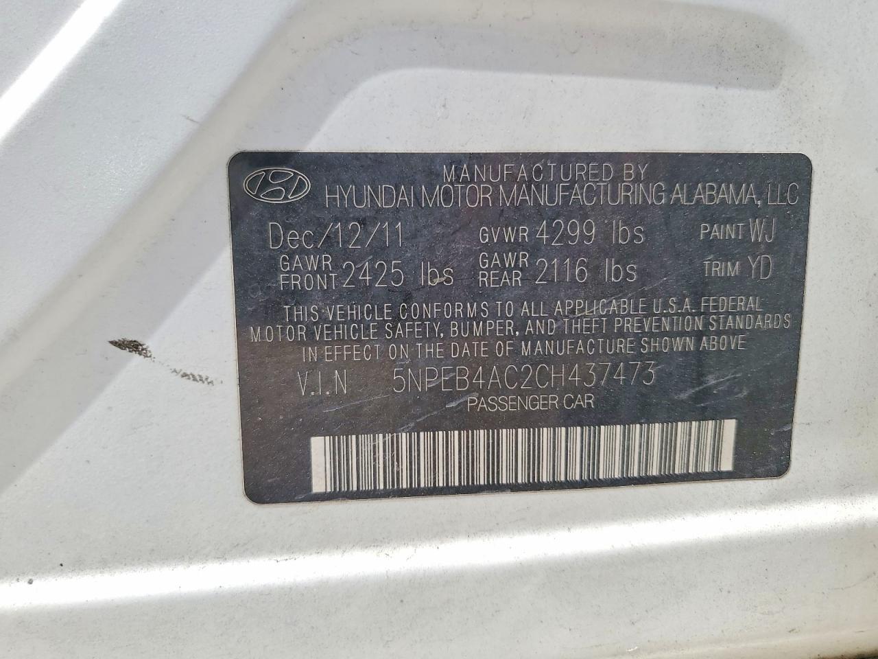 2012 Hyundai Sonata Gls White vin: 5NPEB4AC2CH437473