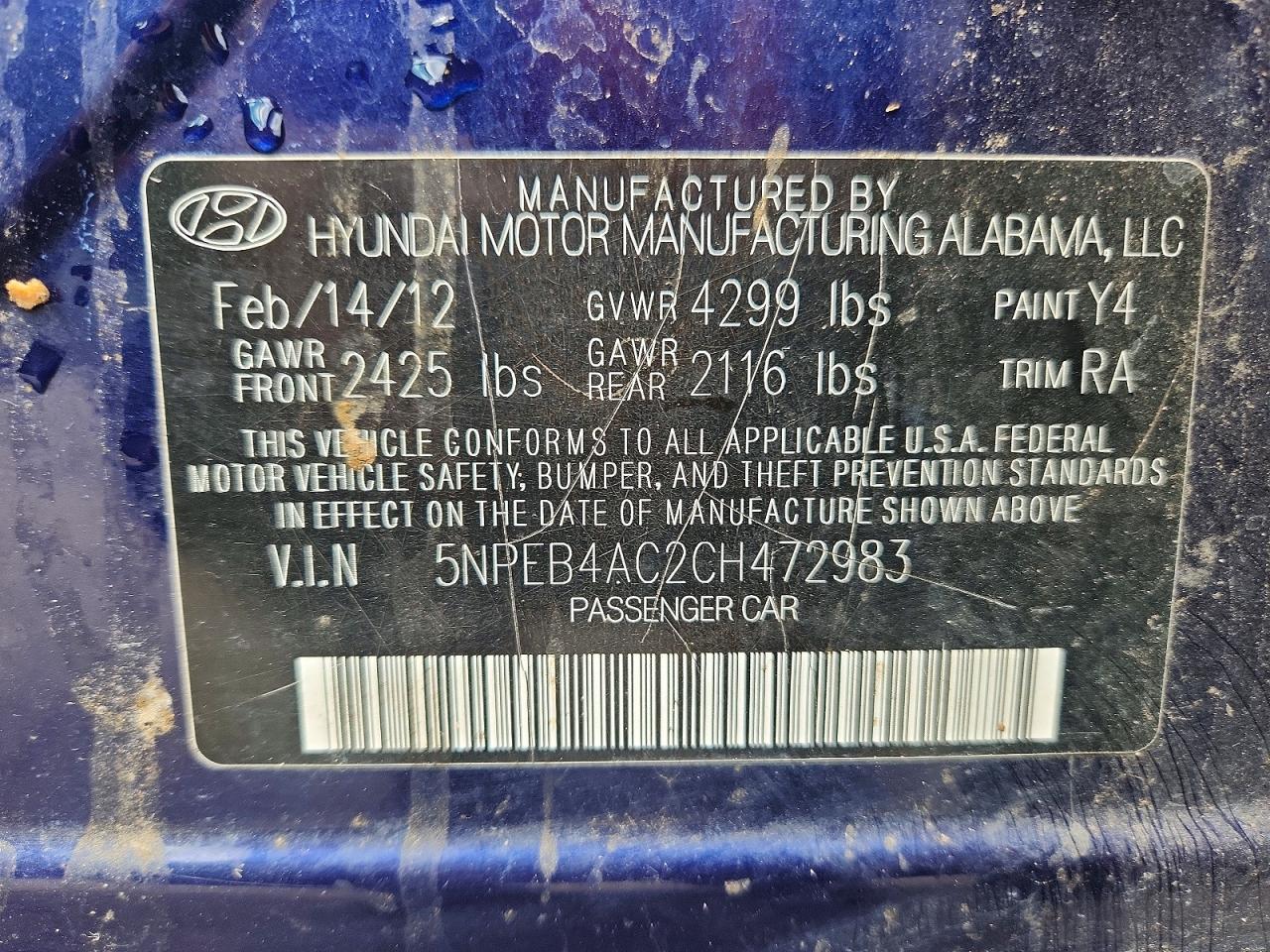 2012 Hyundai Sonata Gls Blue vin: 5NPEB4AC2CH472983