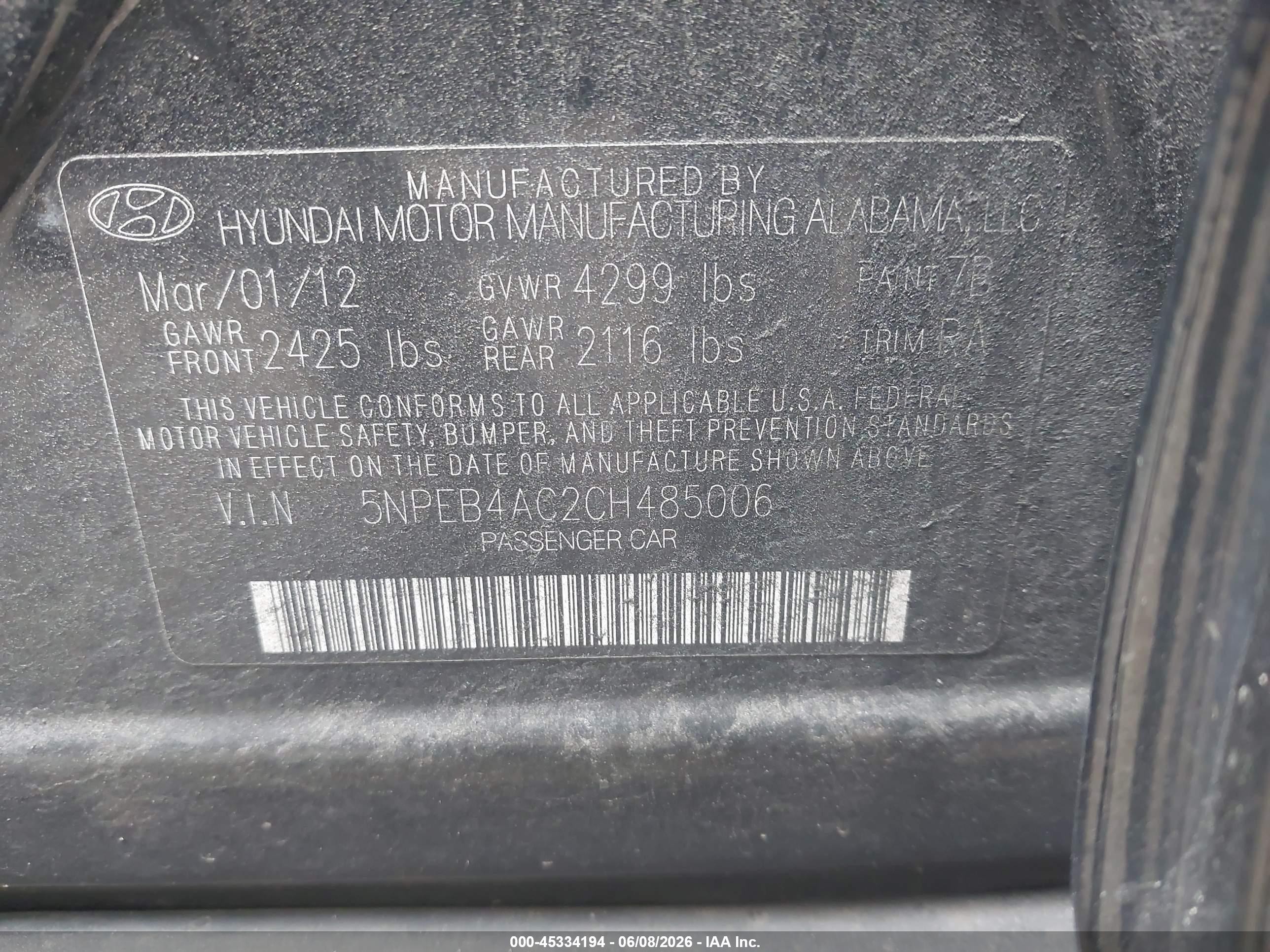 2012 Hyundai Sonata Gls Black vin: 5NPEB4AC2CH485006