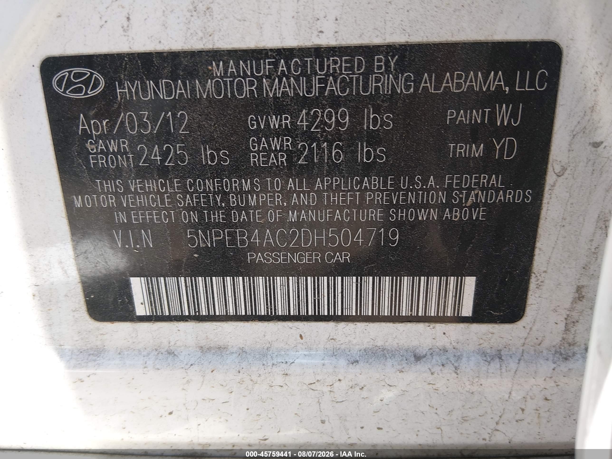 2013 Hyundai Sonata Gls White vin: 5NPEB4AC2DH504719