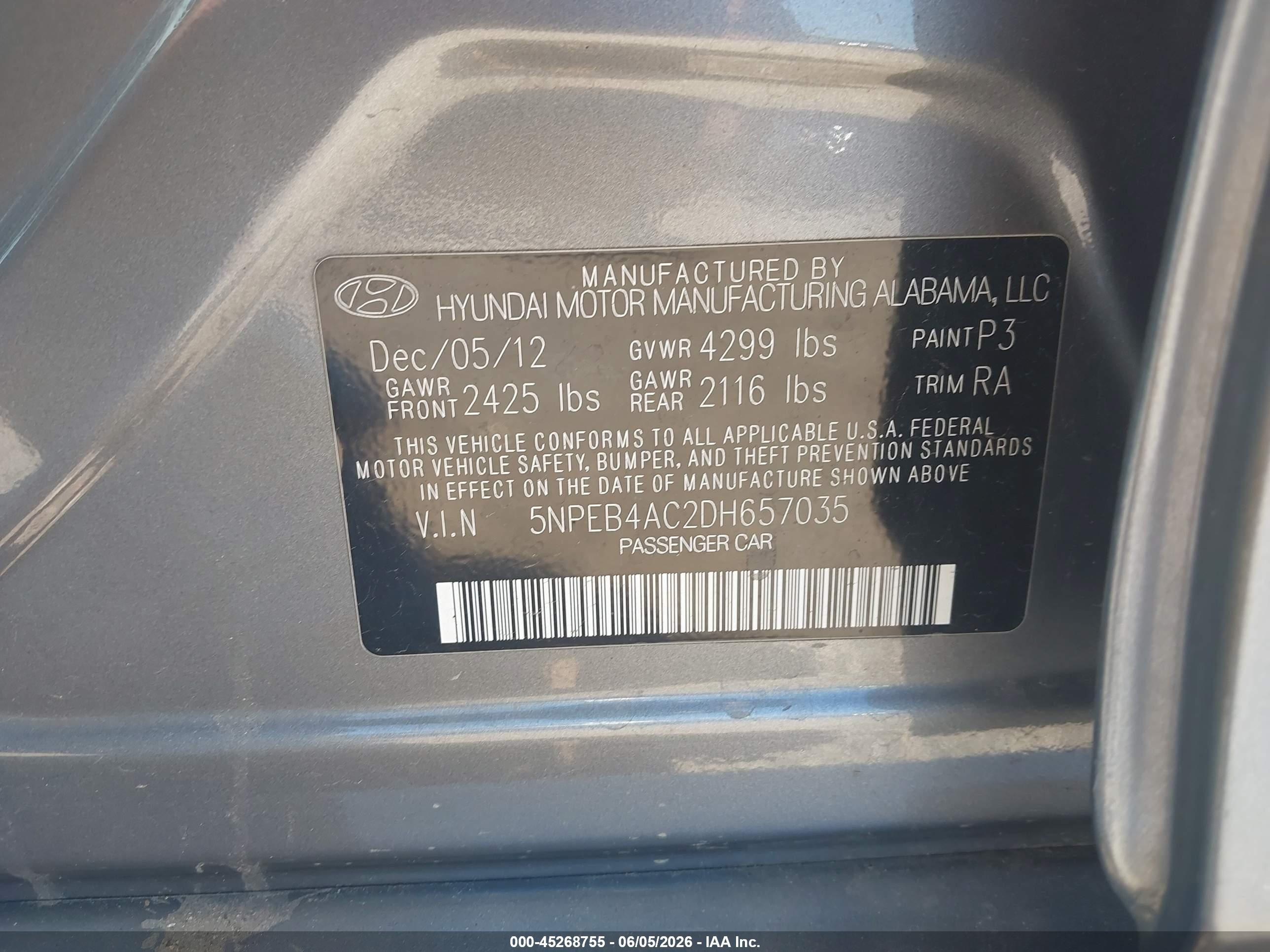 2013 Hyundai Sonata Gls Gray vin: 5NPEB4AC2DH657035