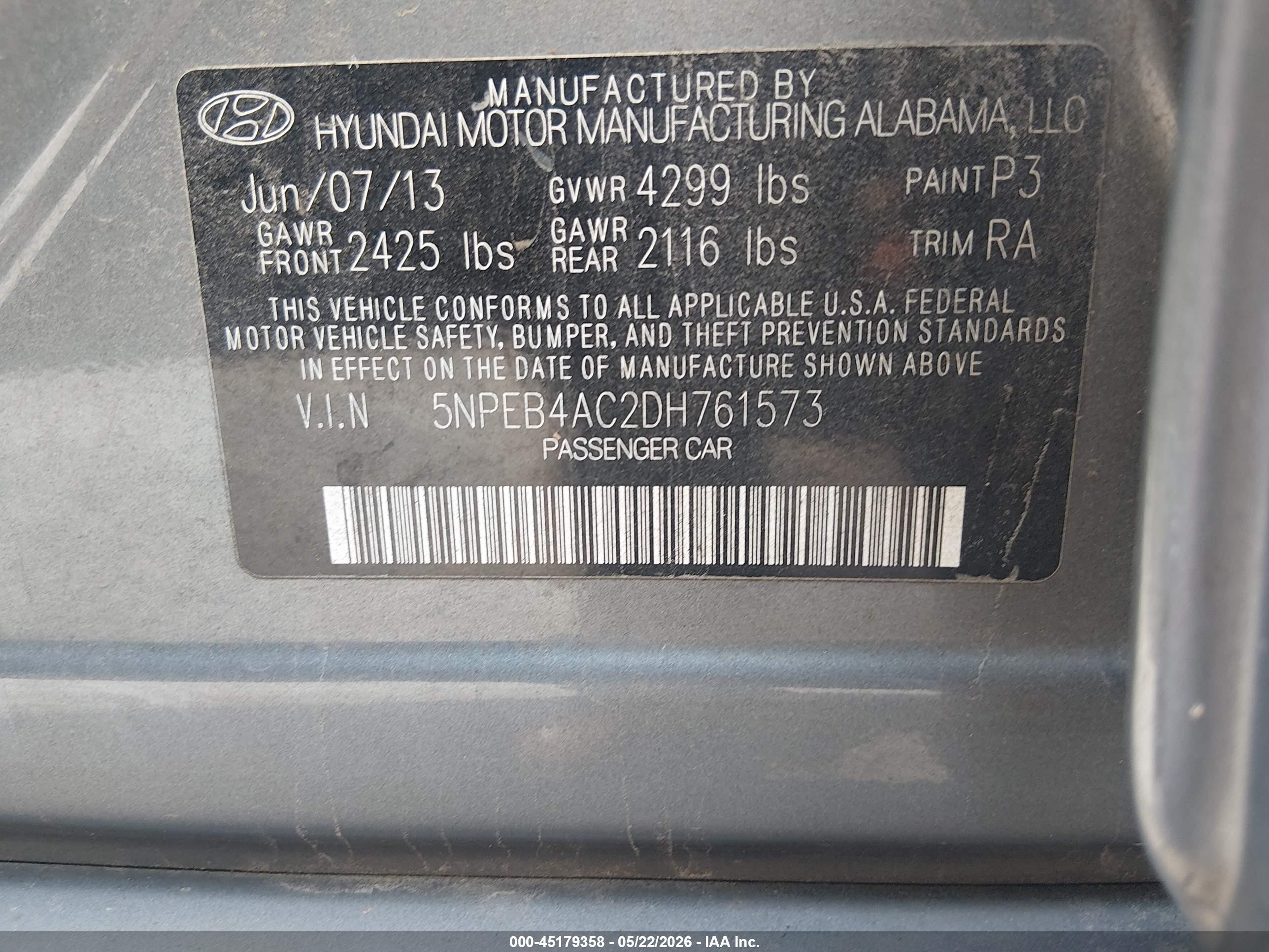 2013 Hyundai Sonata Gls Gray vin: 5NPEB4AC2DH761573