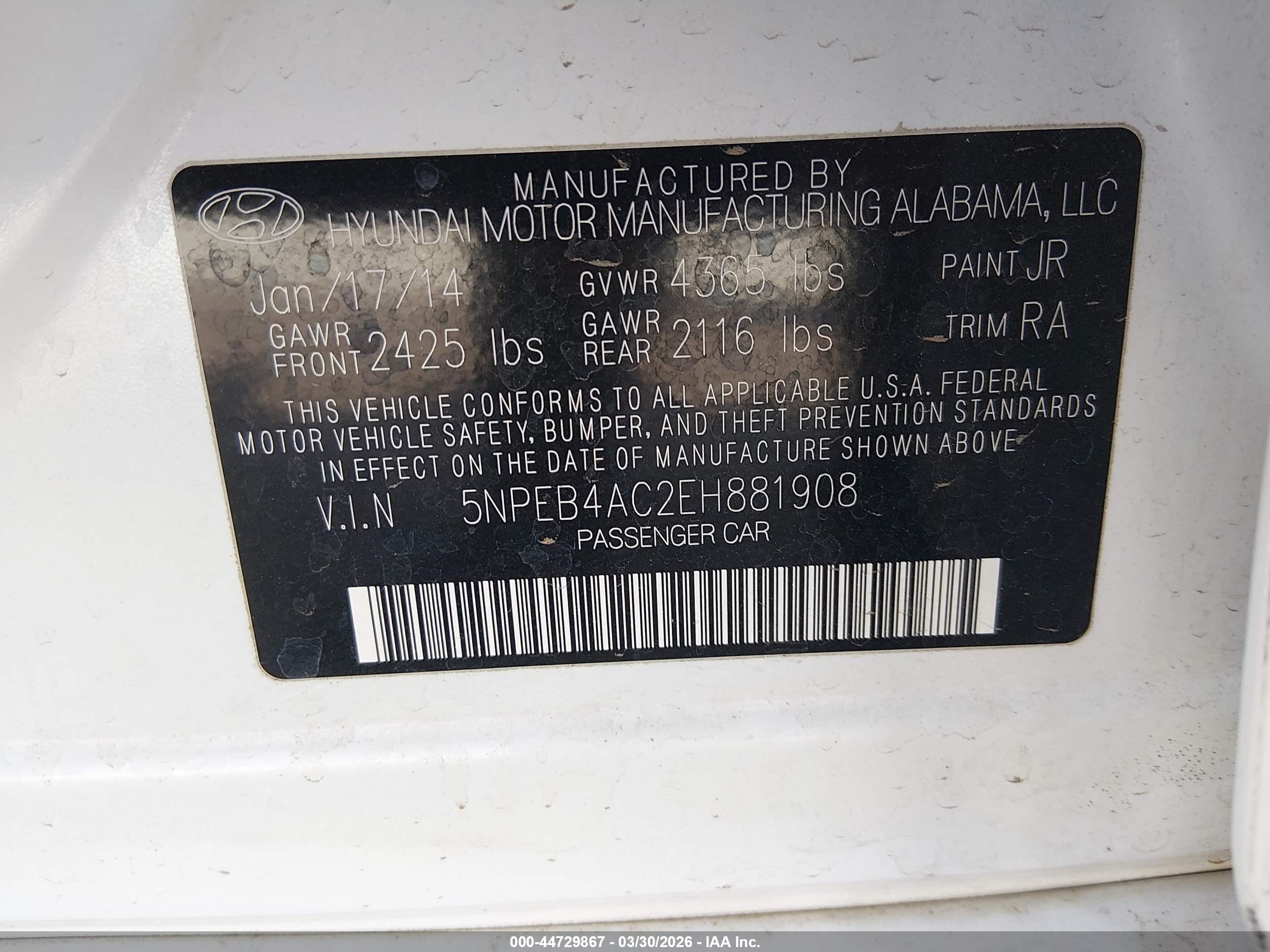 2014 Hyundai Sonata Gls White vin: 5NPEB4AC2EH881908